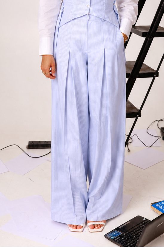 Blue Stripe Pleated Trousers - View 3 - Superr*