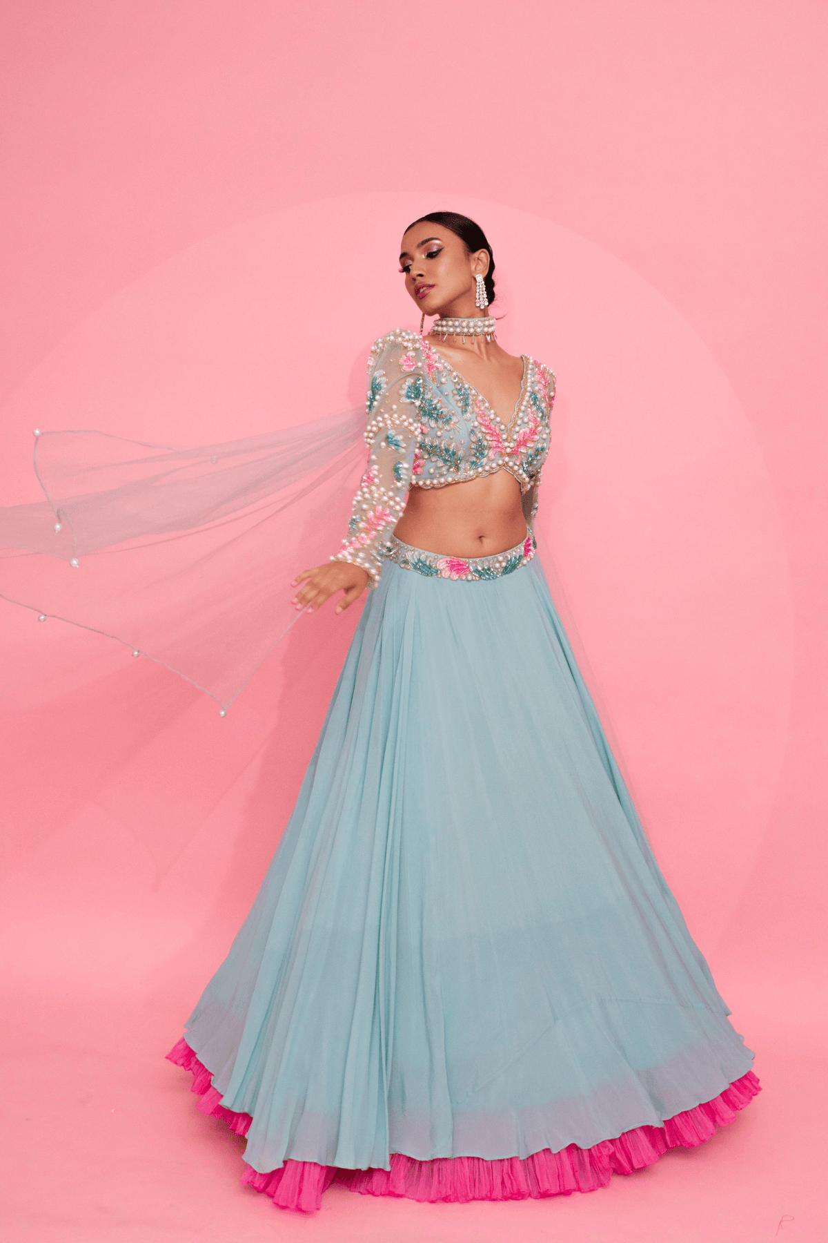 Blue Blossom Brilliance: Embroidered Blouse, Belted Lehenga, and Net Dupatta - View 3 - Superr*
