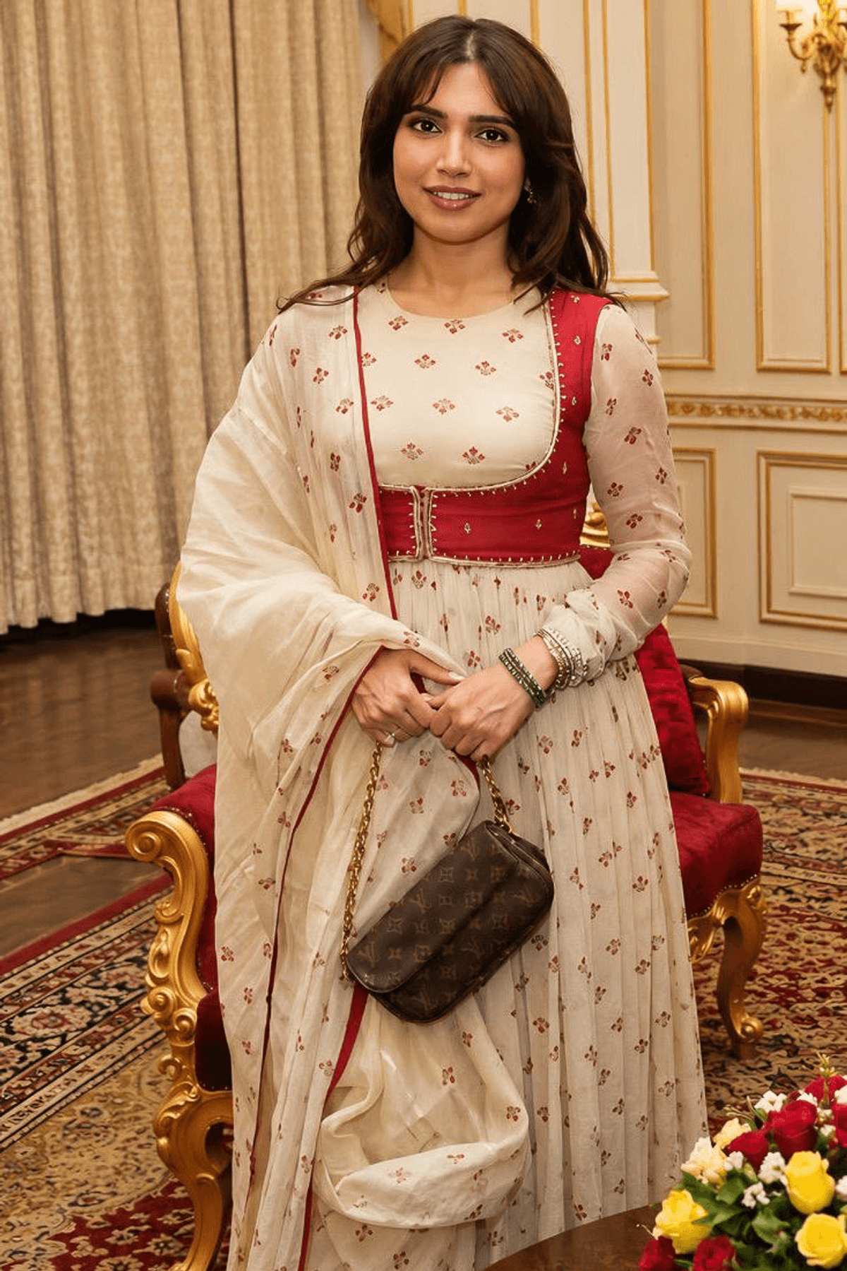 Beige, Red Chiffon Gulal Anarkali Set - View 3 - Superr*