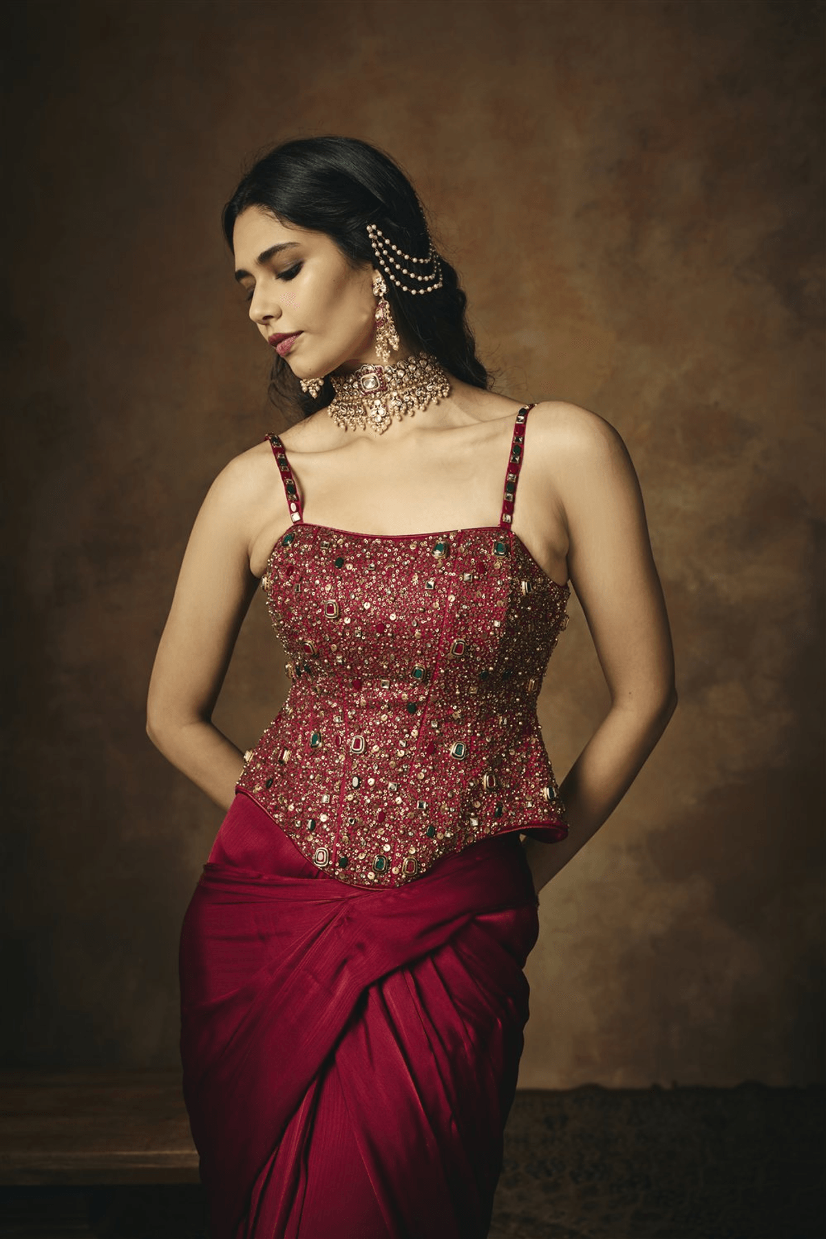 Lohita Burgundy Pre Draped Embroidered Corset Saree Set - View 2 - Superr*