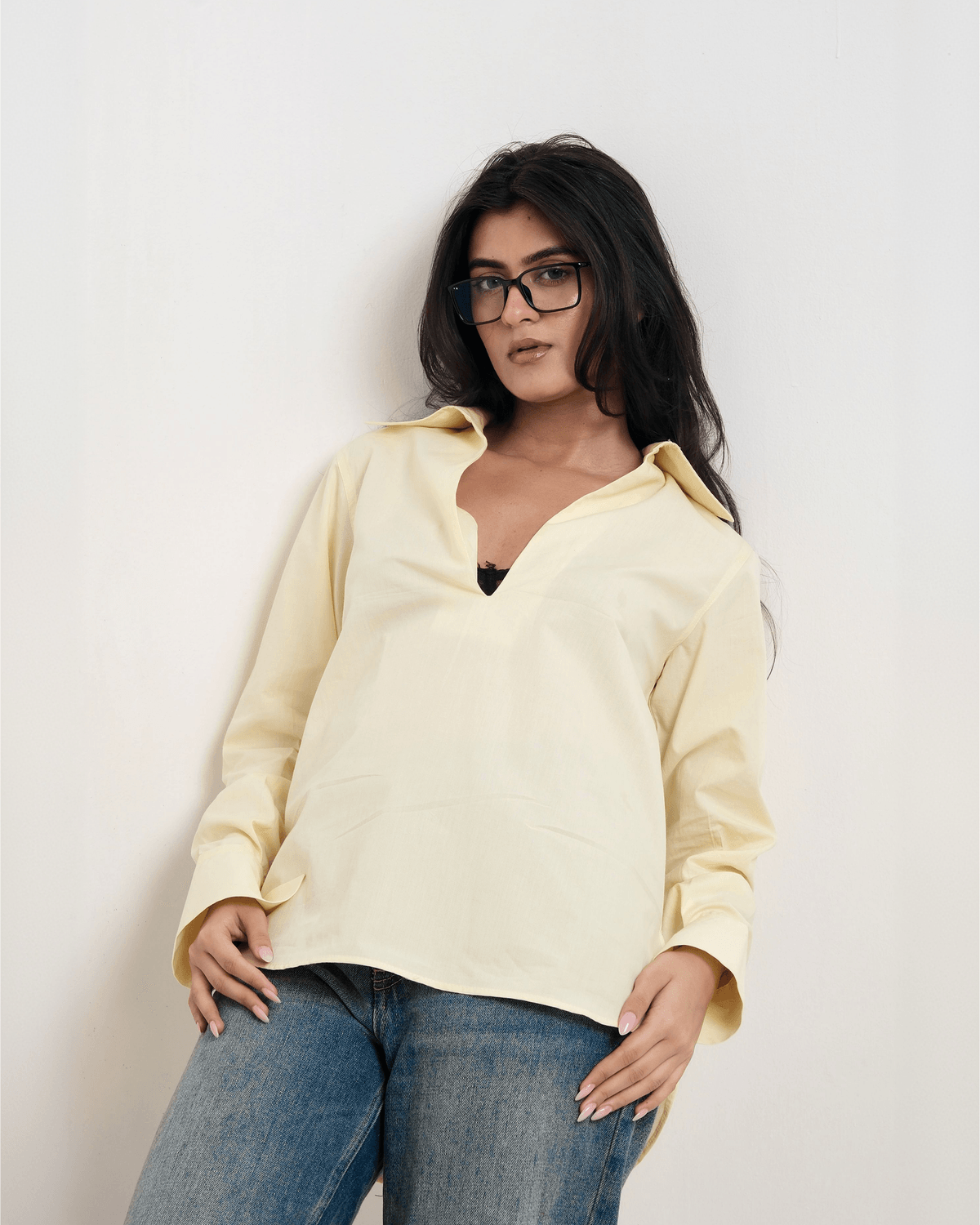 Butter Yellow Cotton V-Neck Shirt - View 4 - Superr*