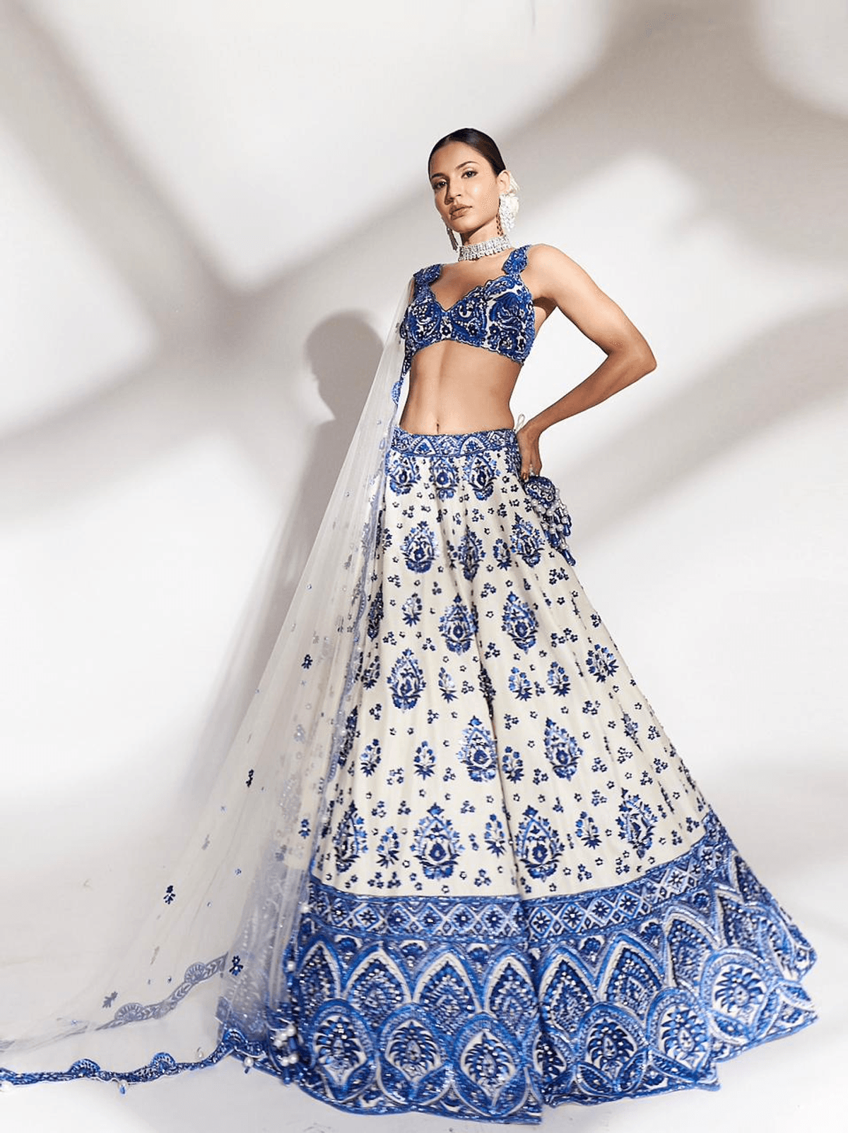 Royal Azure: Blue and White Embroidered Lehenga with Scallop Dupatta - View 2 - Superr*