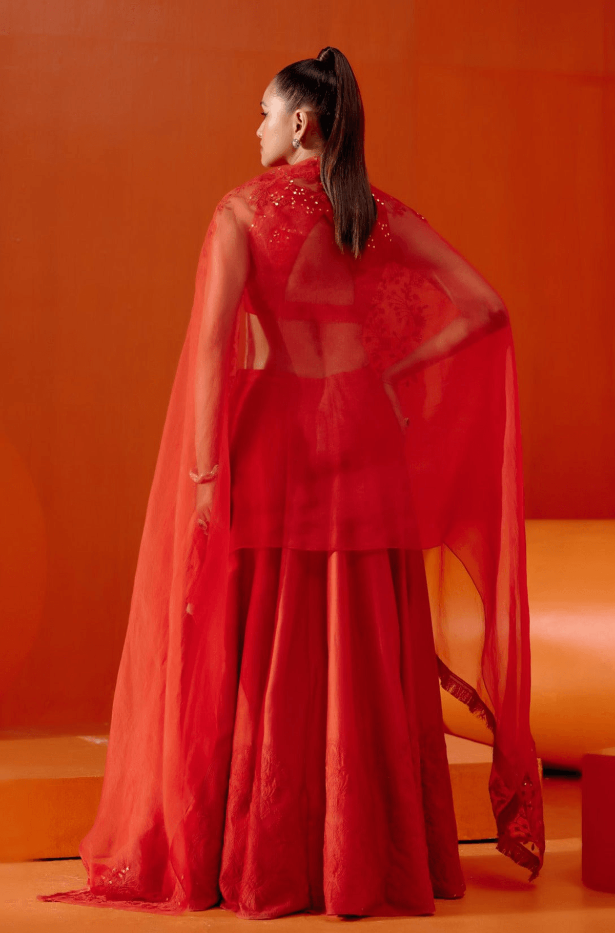 Aamna Sharif in Red Embroidered Silk Chanderi Lehenga Set - View 3 - Superr*