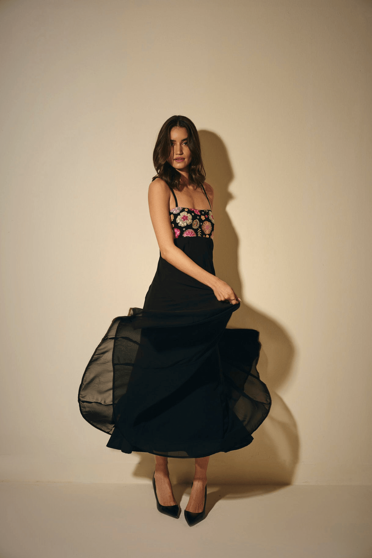 Black Embroidered Chiffon Maxi Dress - View 3 - Superr*