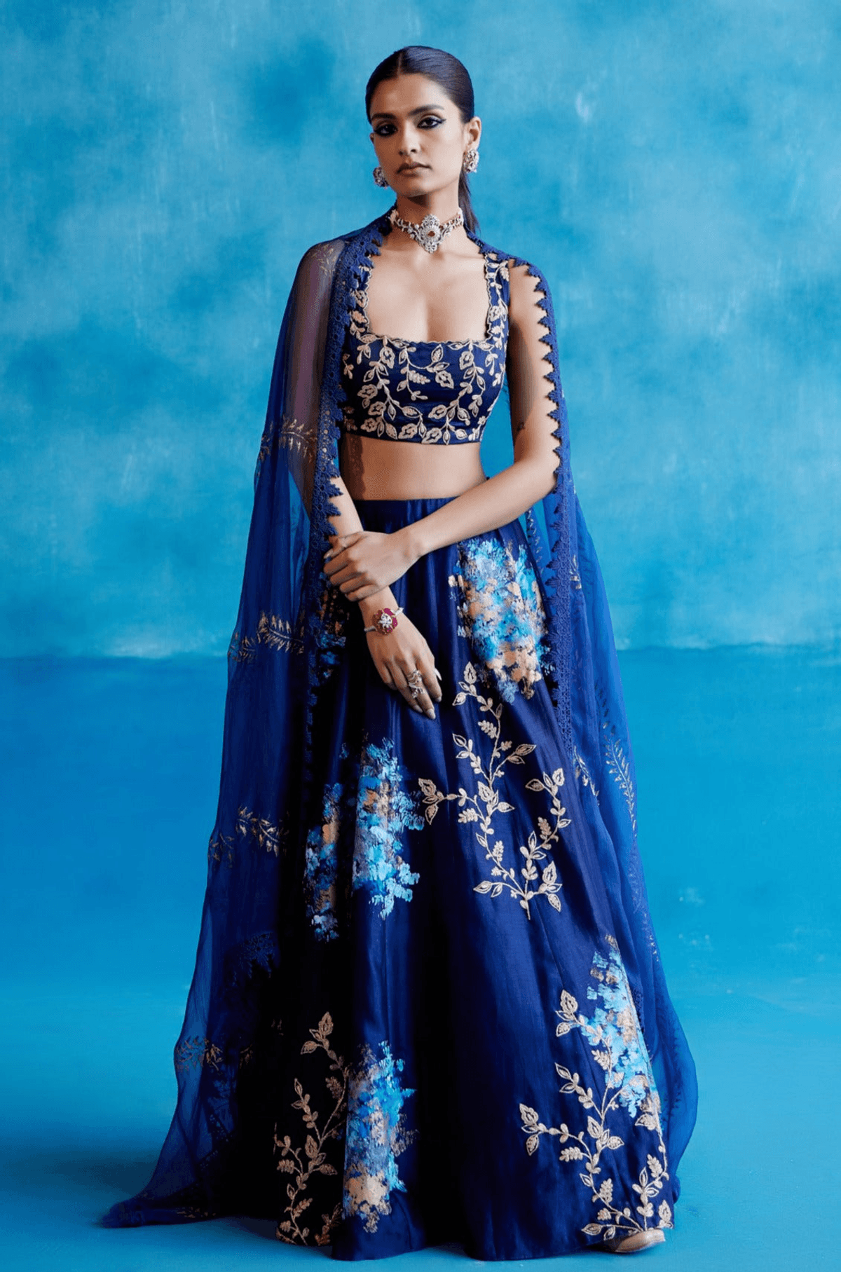 Navy Silk Chanderi Hand Painted Lehenga Set - View 3 - Superr*
