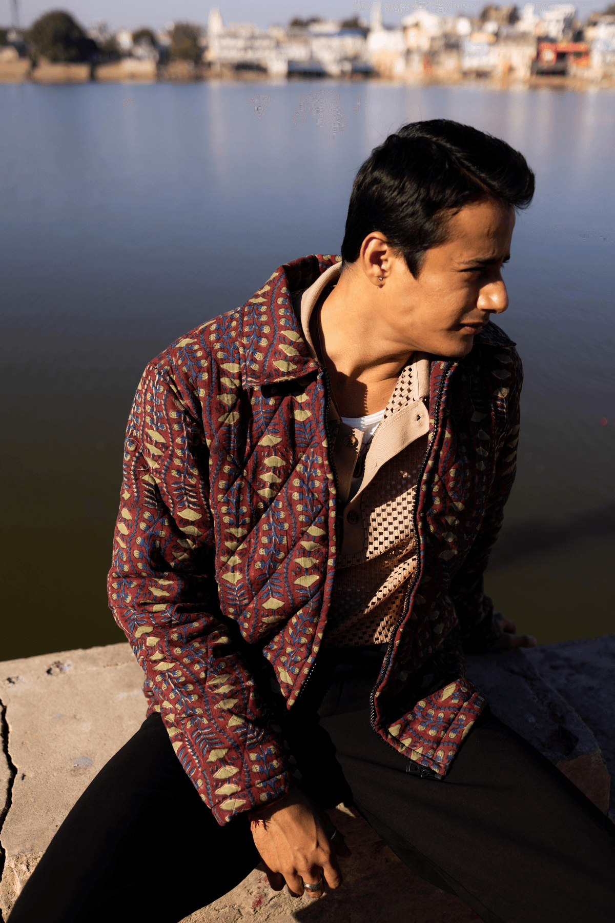 Maroon Sanganer Hand-Blocked Quilt Jacket - View 4 - Superr*