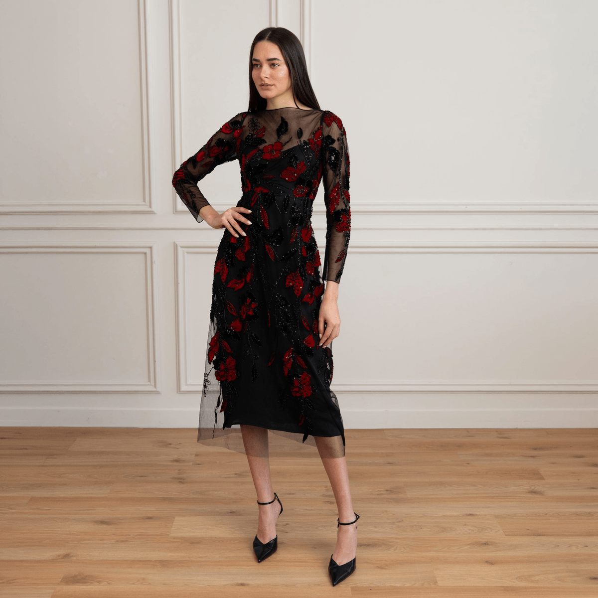 MATTE EMBELLISHED MIDI DRESS: BLACK - View 2 - Superr*