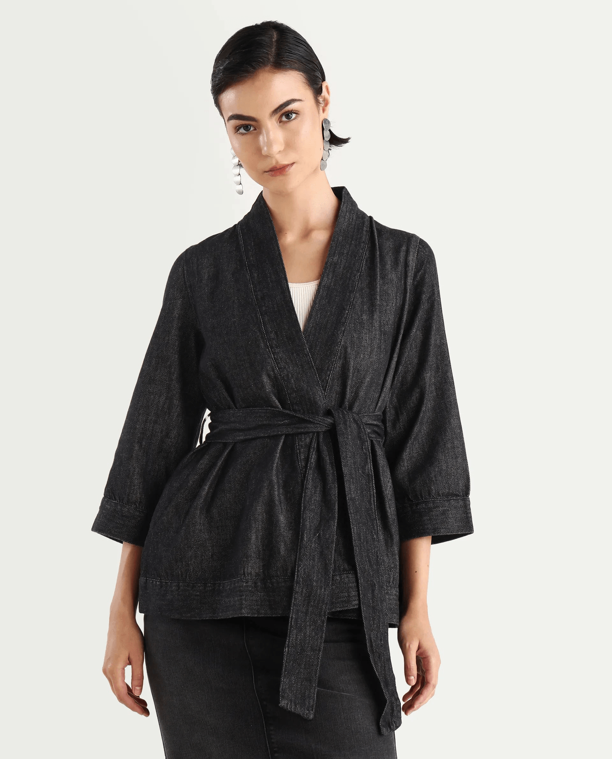Rareism Women's Zezamy Black Cotton Wrap Neck Plain Regular Fit Jacket - View 3 - Superr*