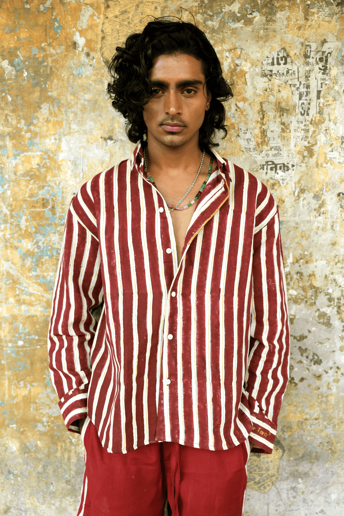 Maroon Hand-Blocked Stripe Linen Shirt - View 2 - Superr*