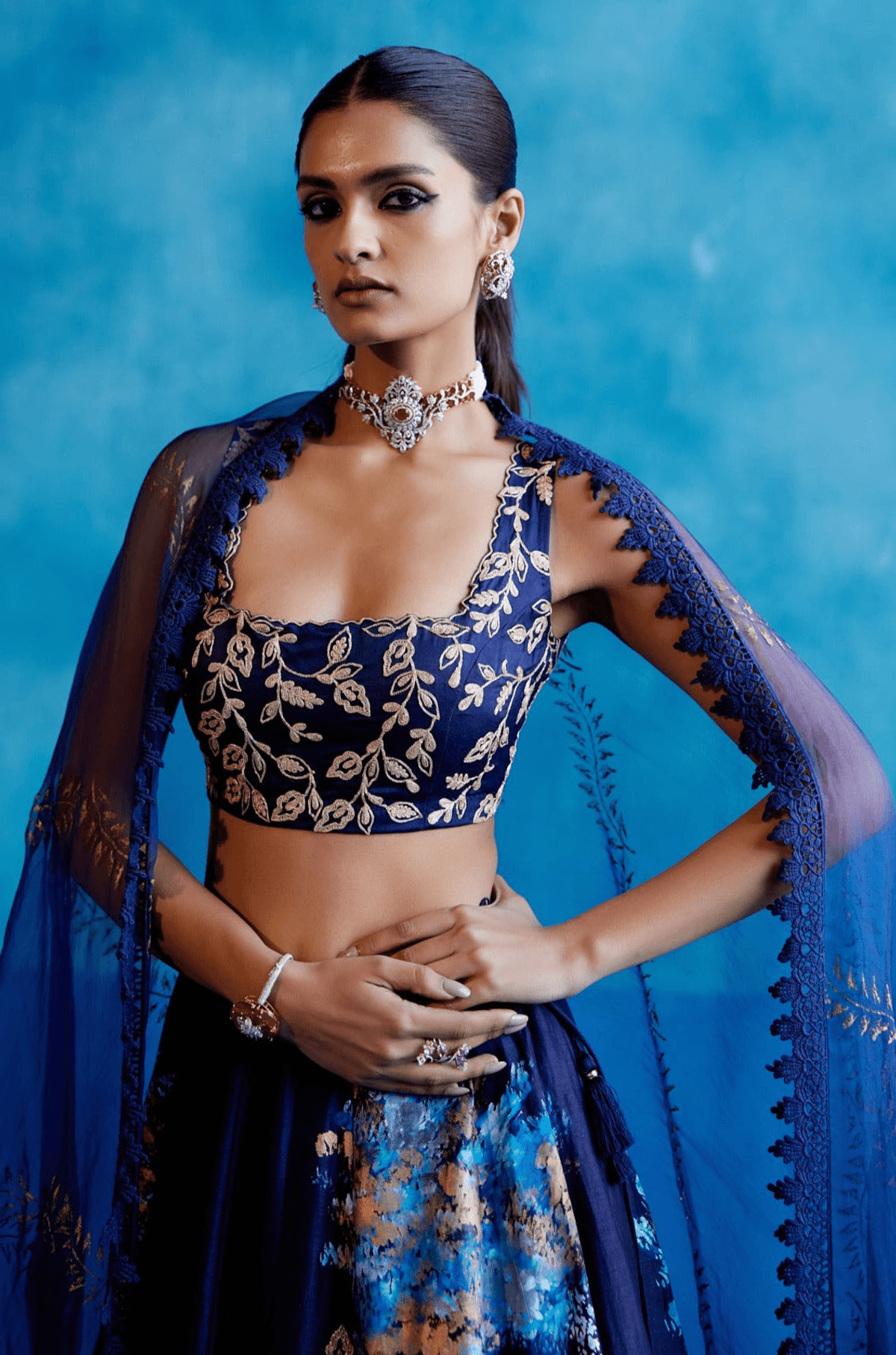Navy Silk Chanderi Hand Painted Lehenga Set - View 2 - Superr*
