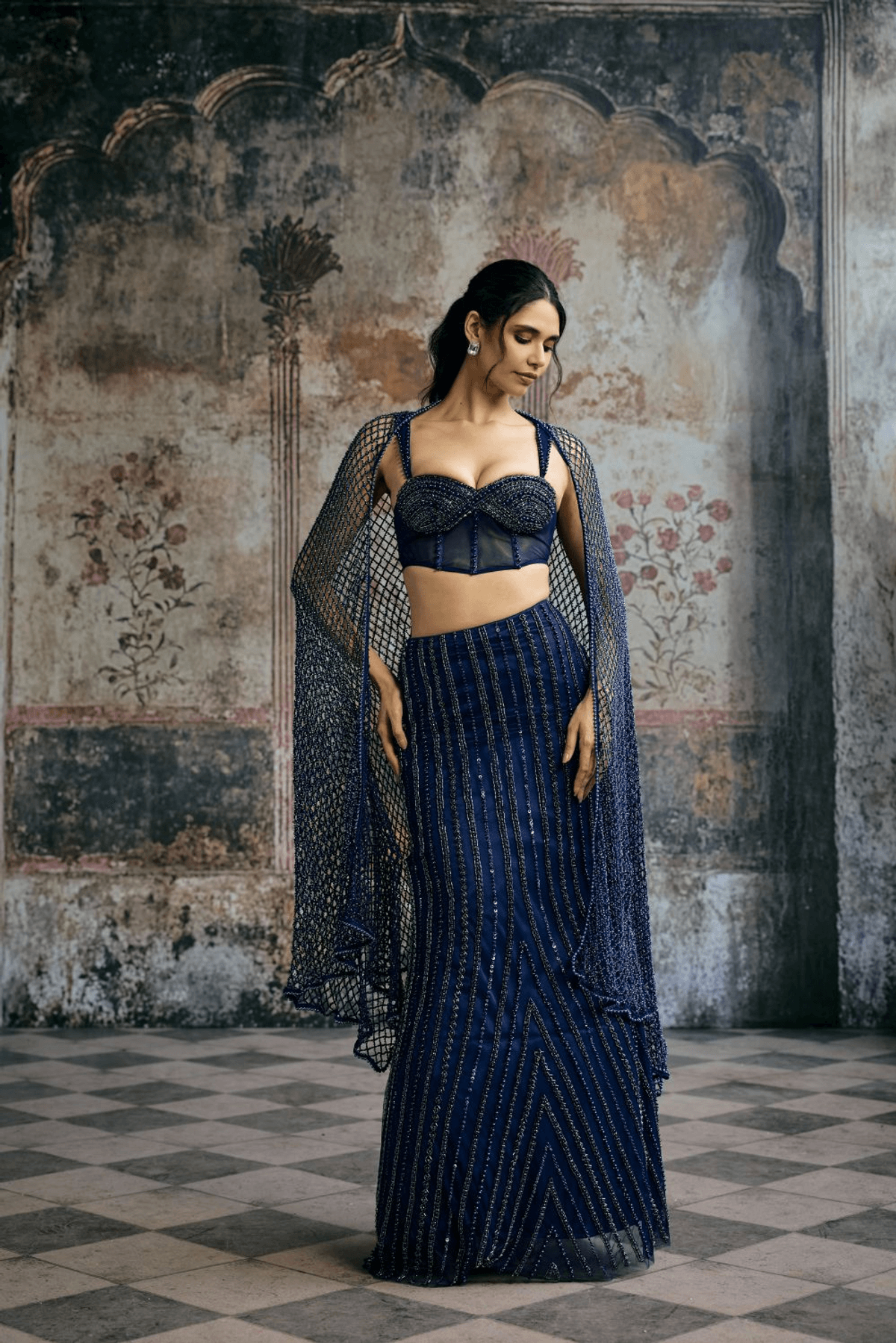 Layra Navy Hand-Embellished Blue Lehenga Set - View 3 - Superr*