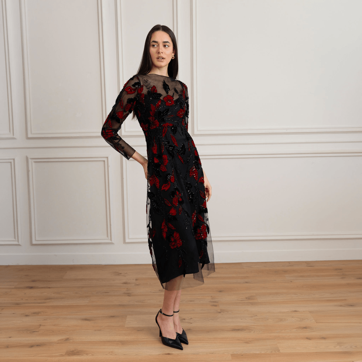 MATTE EMBELLISHED MIDI DRESS: BLACK - View 3 - Superr*