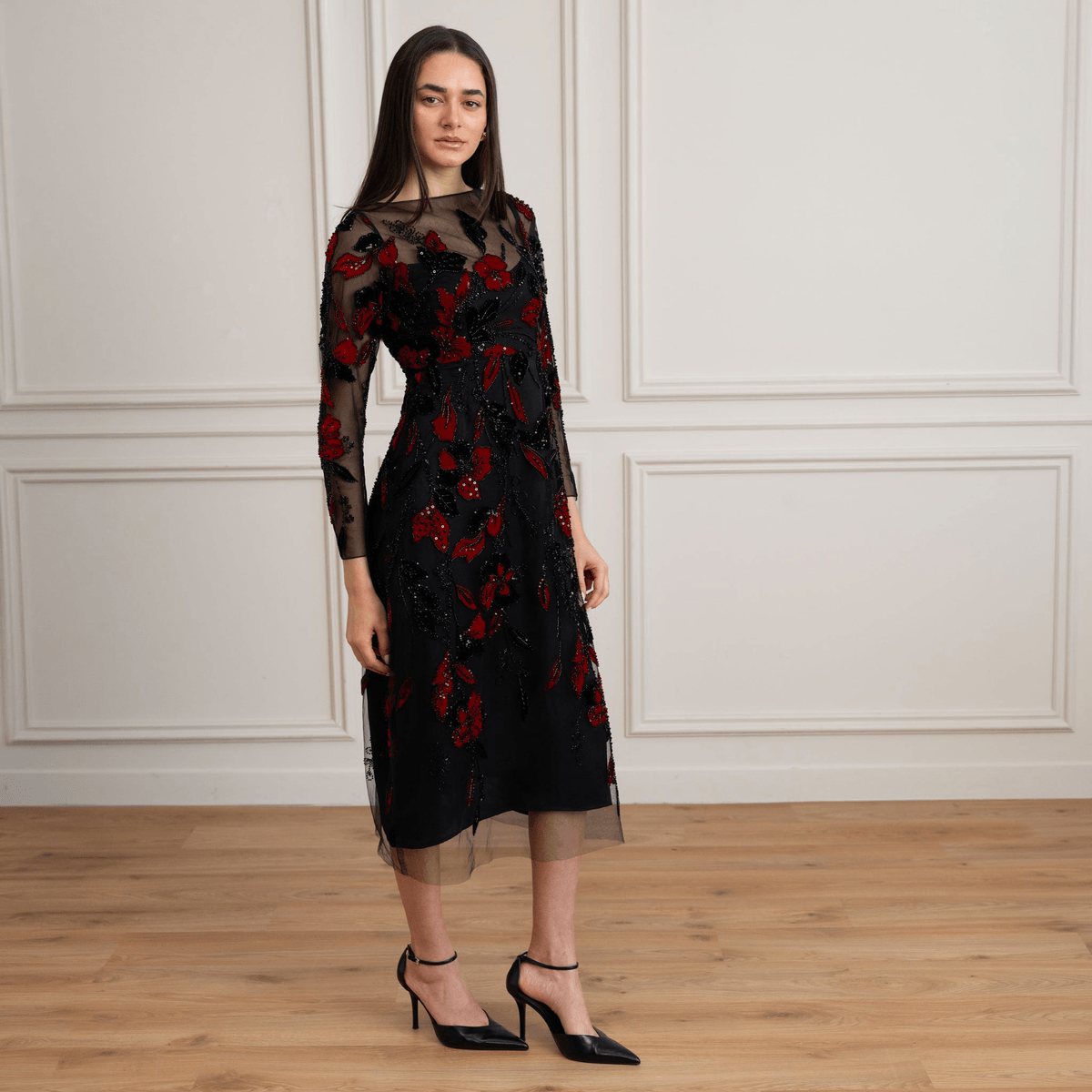 MATTE EMBELLISHED MIDI DRESS: BLACK - View 4 - Superr*