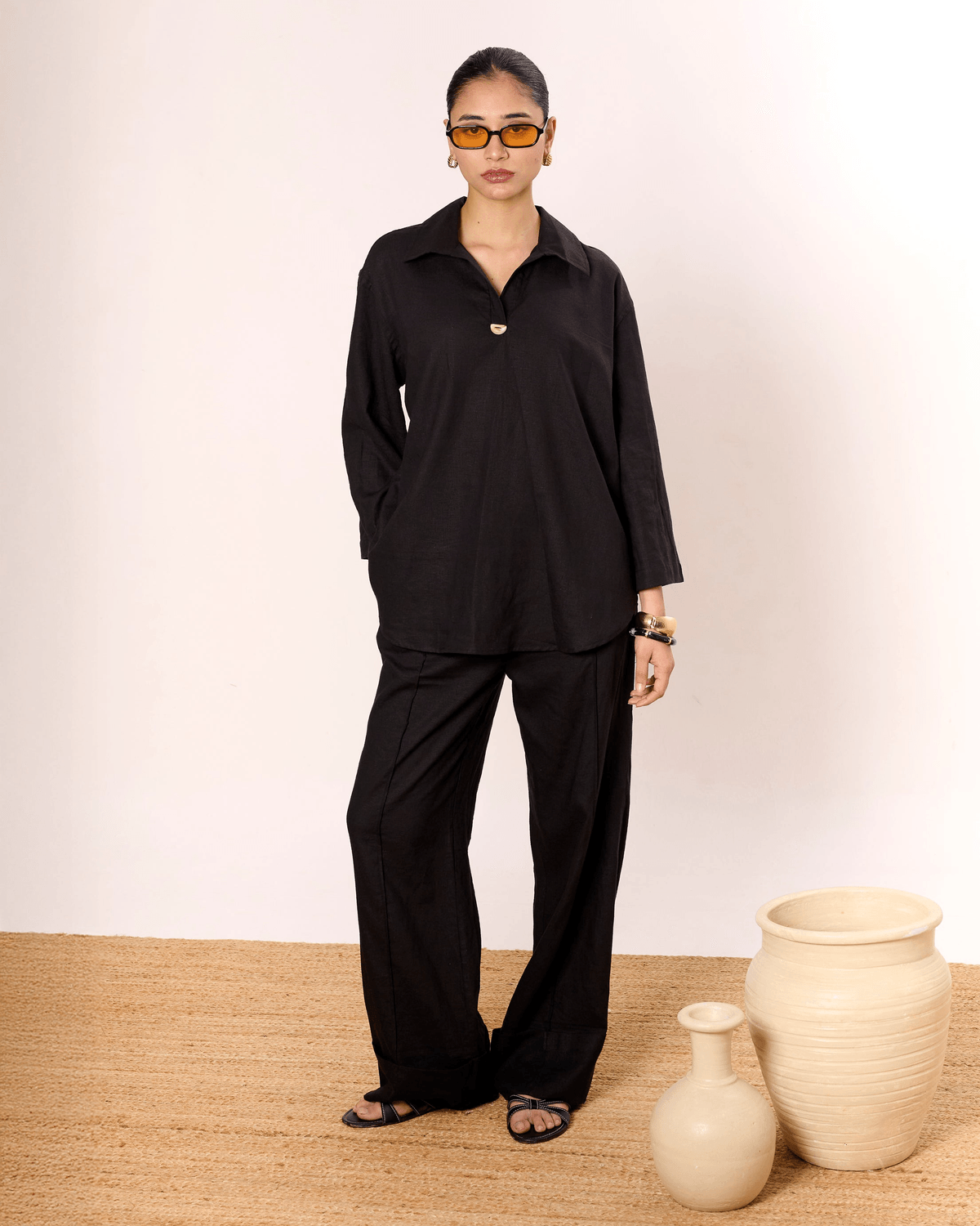 Black High Waist Pintuck Linen Pants - View 2 - Superr*