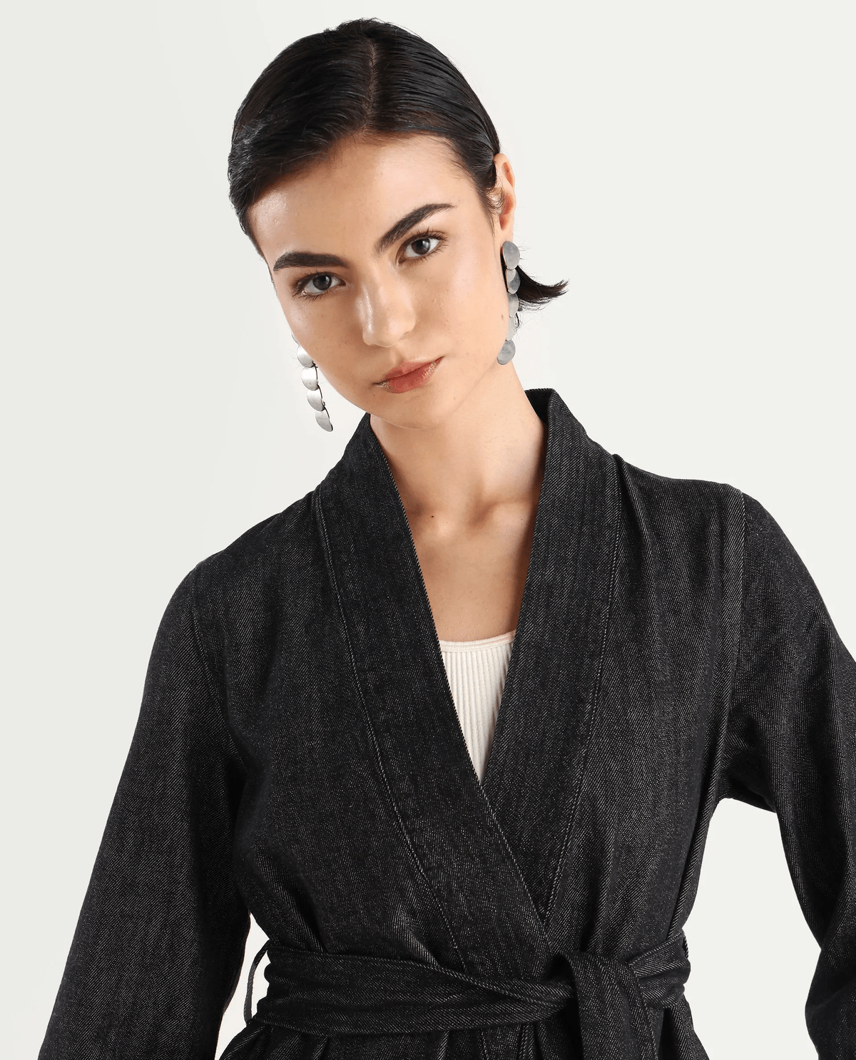 Rareism Women's Zezamy Black Cotton Wrap Neck Plain Regular Fit Jacket - View 4 - Superr*