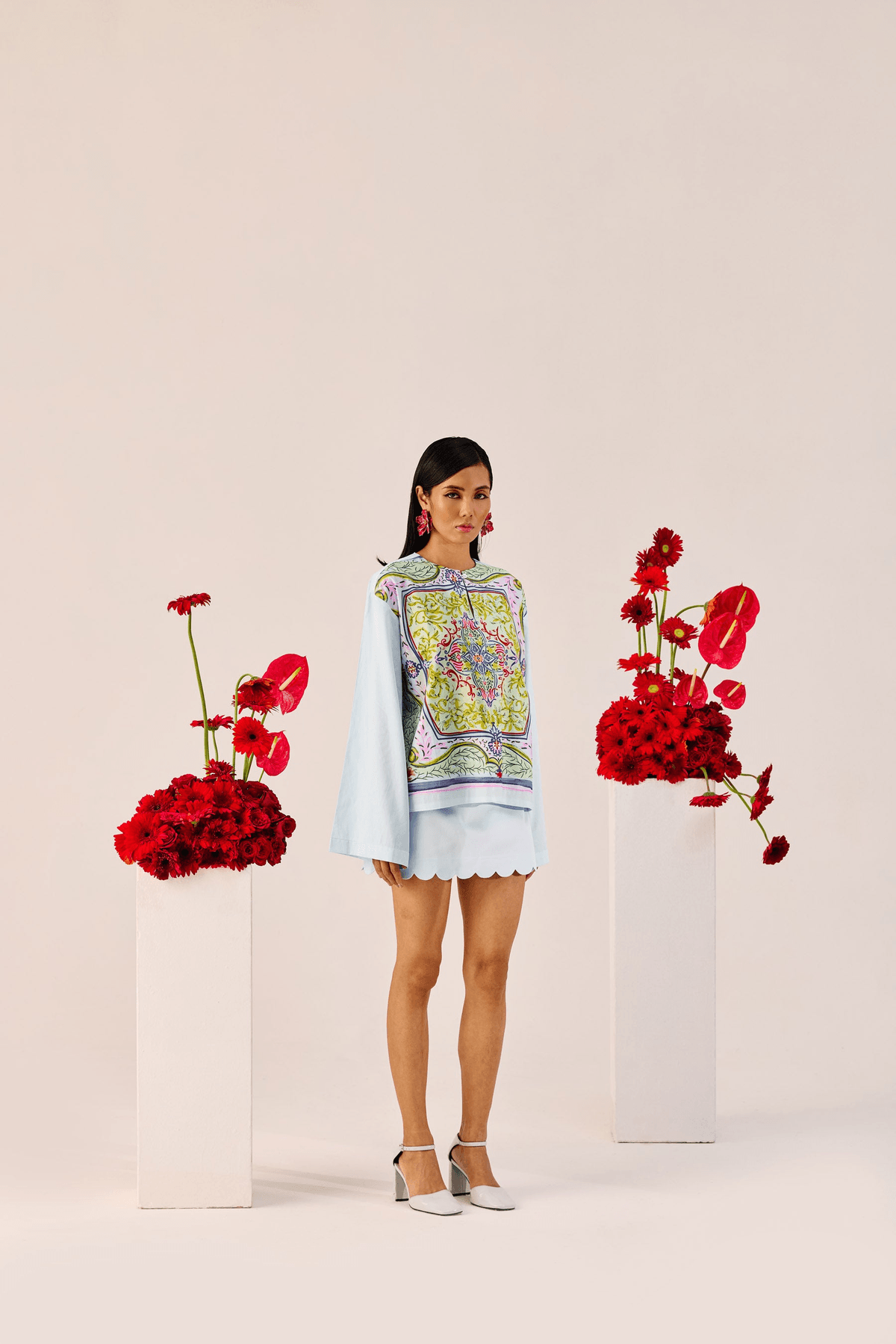 Printed Sky Blue Top with Flared Sleeves - View 2 - Superr*
