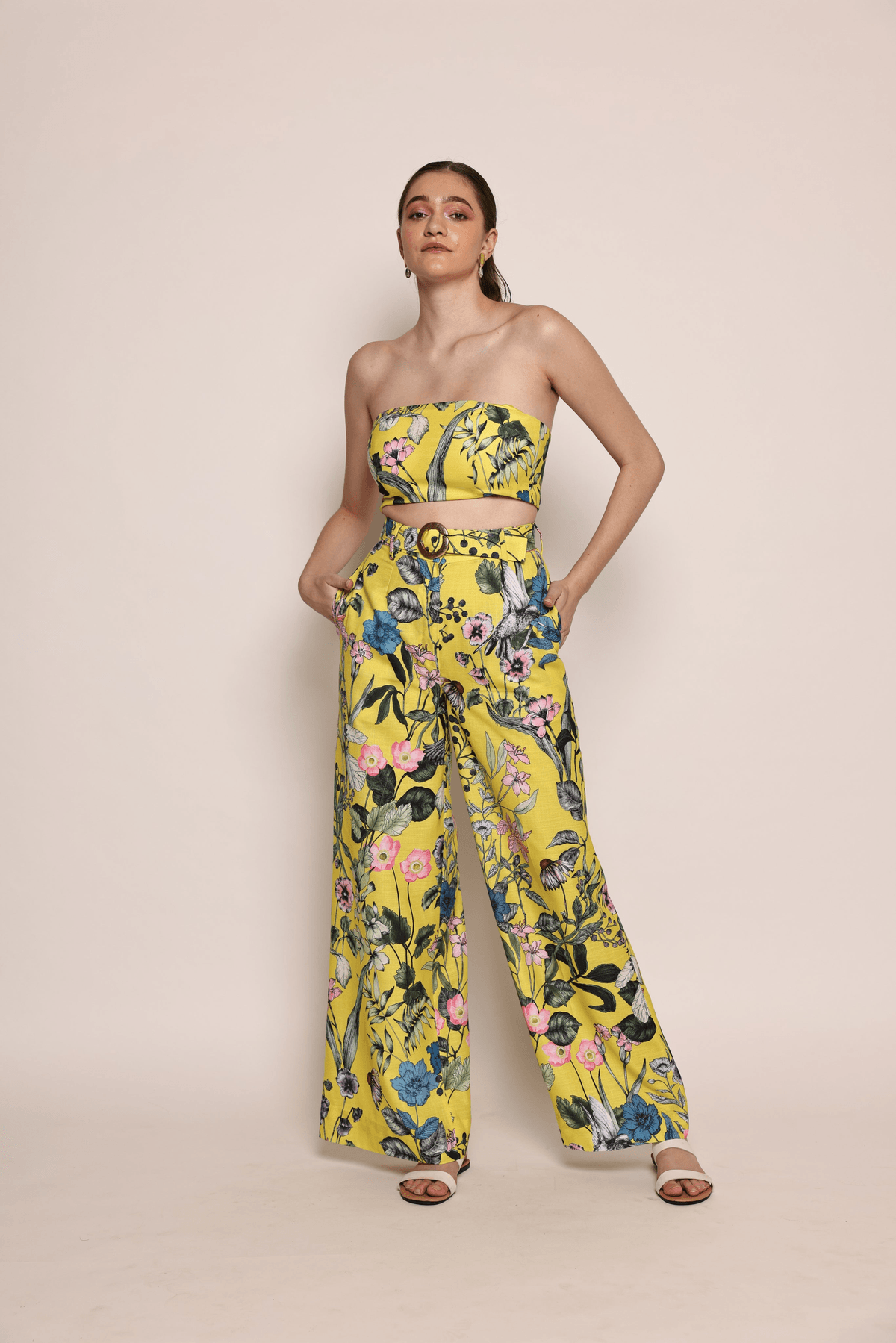 Capri - Yellow garden print tube top & relaxed fit pants co-ord set - View 2 - Superr*