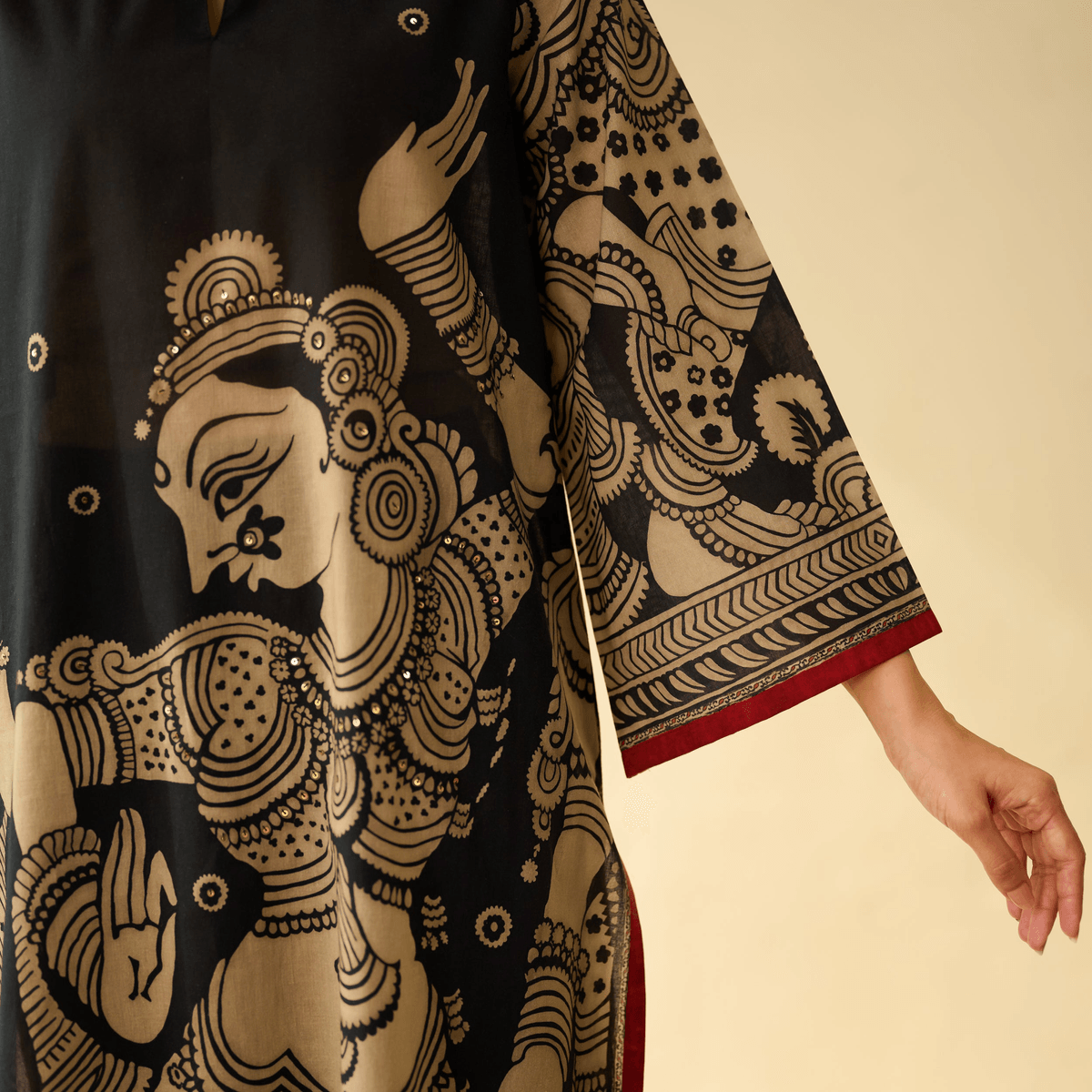 Taal Hand Embroidered Mulmul Cotton Kurta - Charcoal - View 3 - Superr*