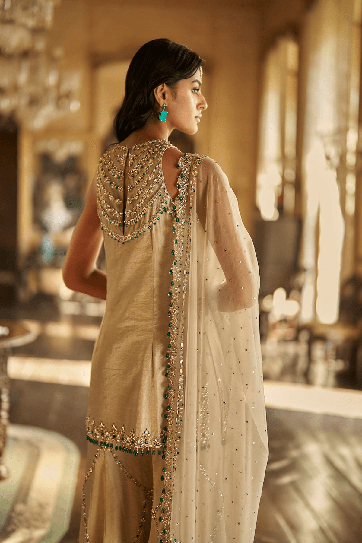Champagne Emerald Crystal Sharara Set - View 3 - Superr*