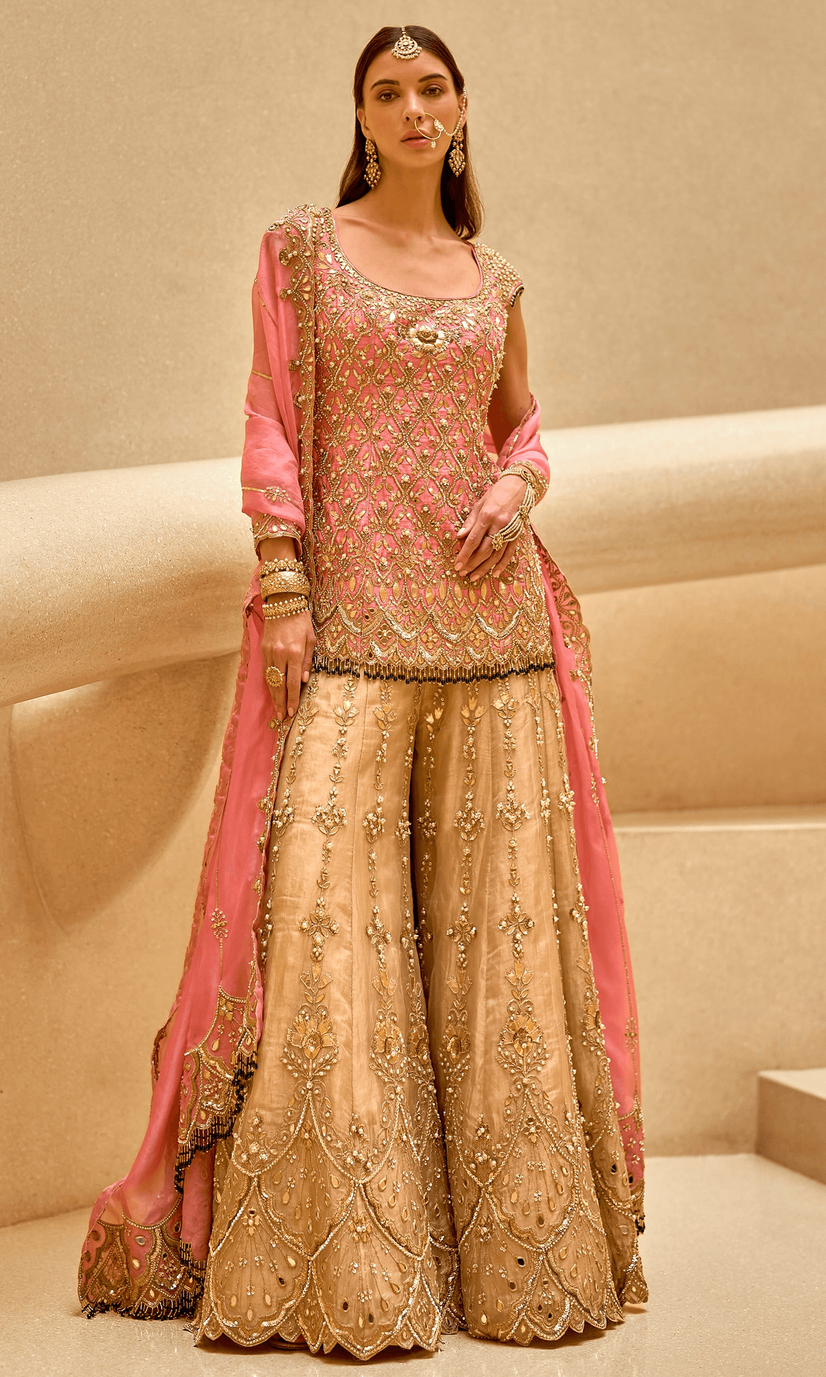 Onion Pink and Gold Sharara Set - View 3 - Superr*
