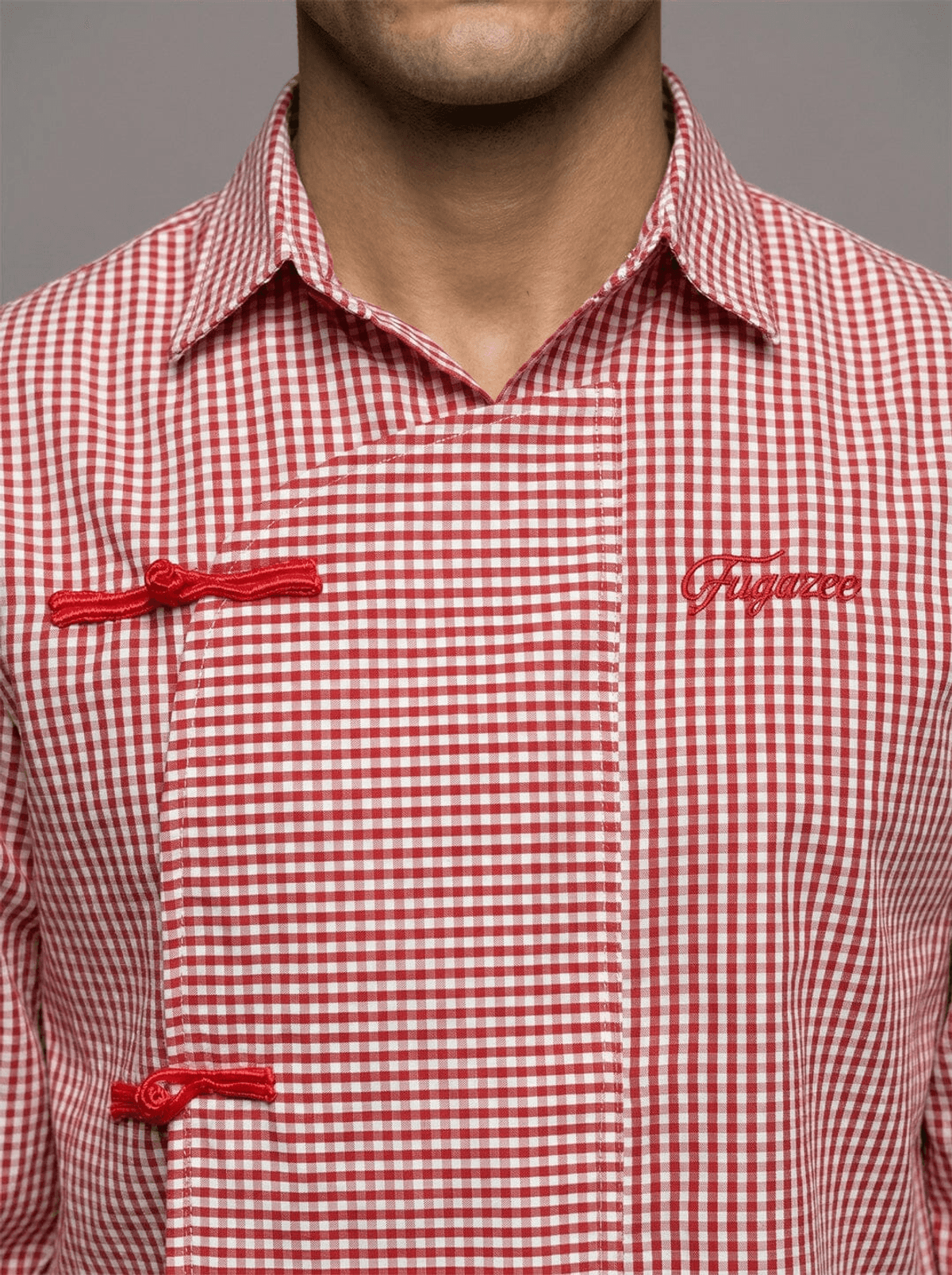 Red Checkered Chinese Frog Buttoned Cropped Shirt - View 3 - Superr*