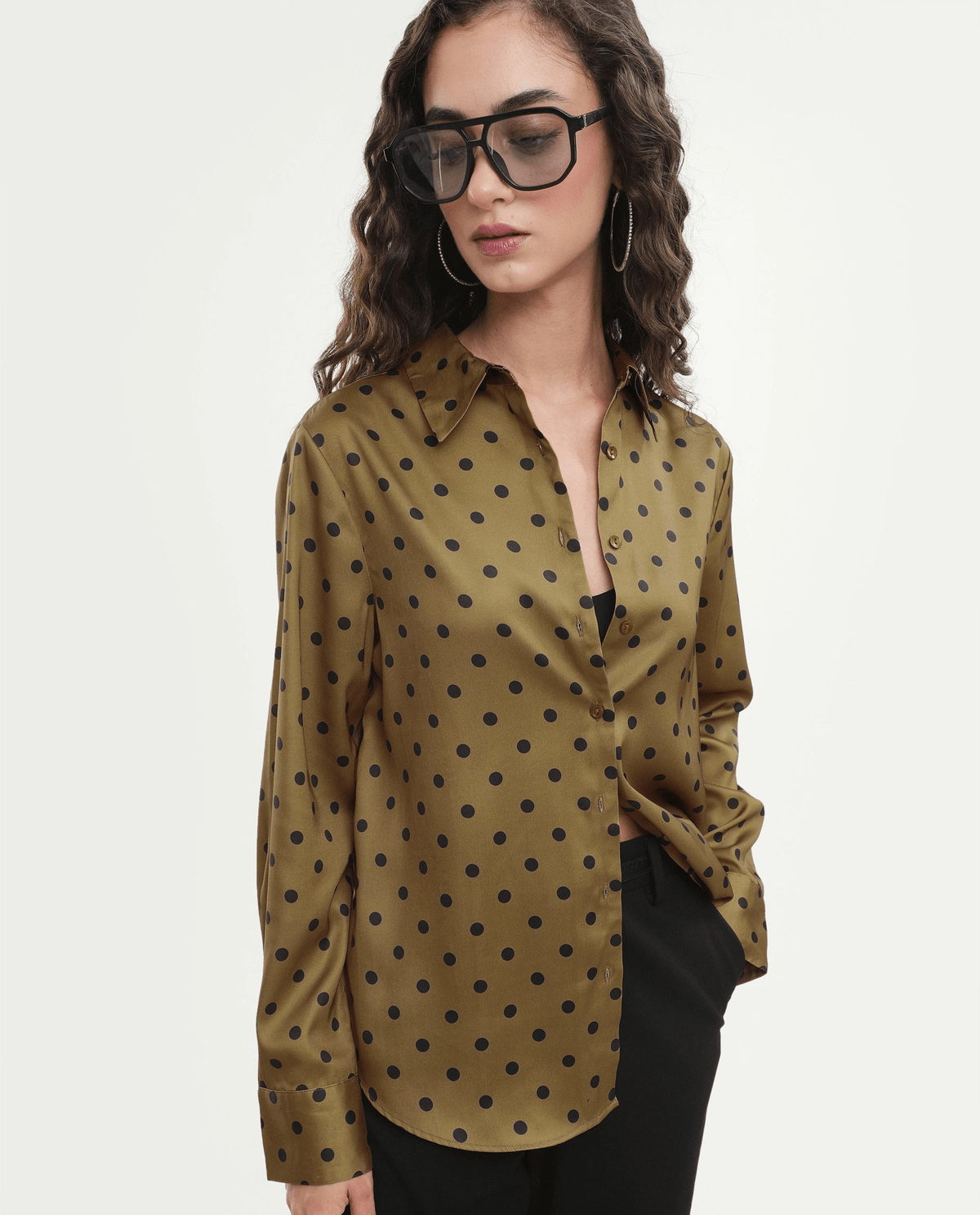 Rareism Women's Pola Beige Polyester Fabric Spread Collar Relaxed Polka Print Shirt - View 2 - Superr*