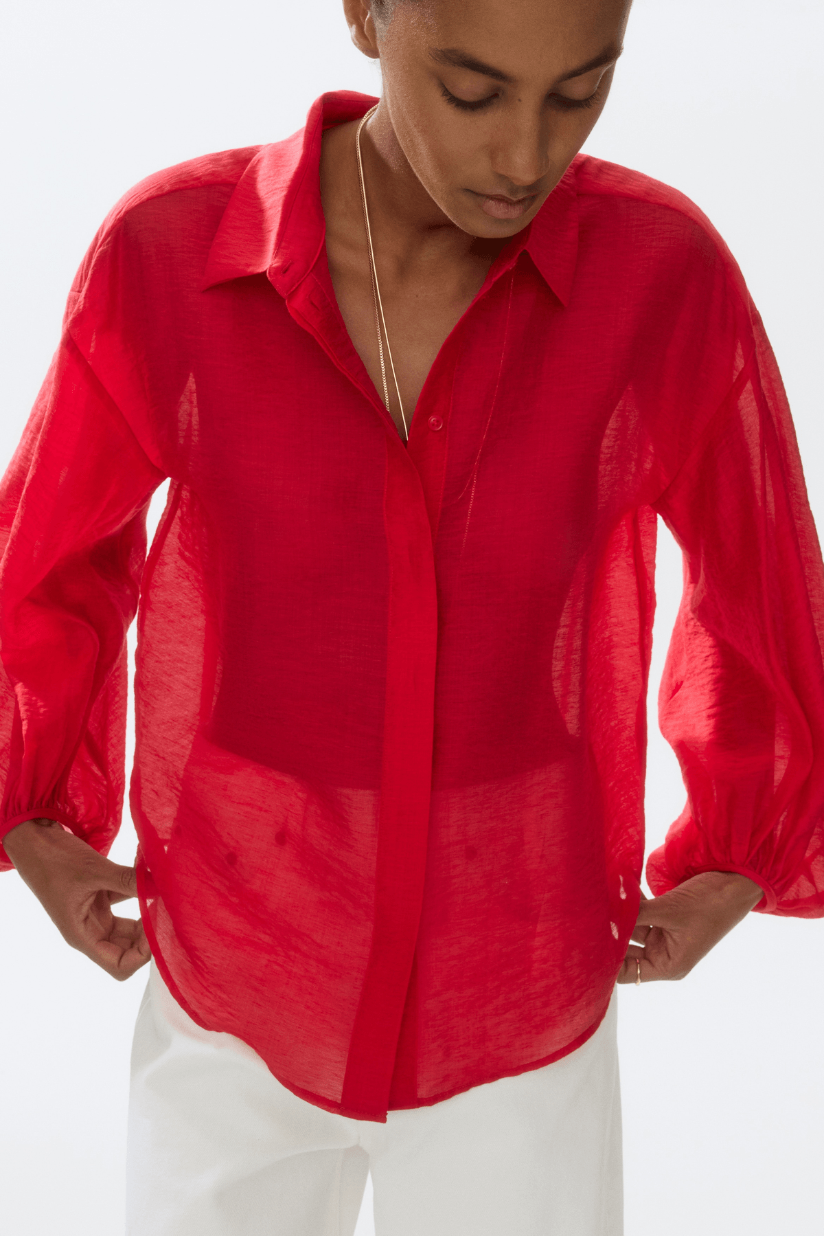 Women's Red Balloon-sleeved linen-blend shirt - View 2 - Superr*