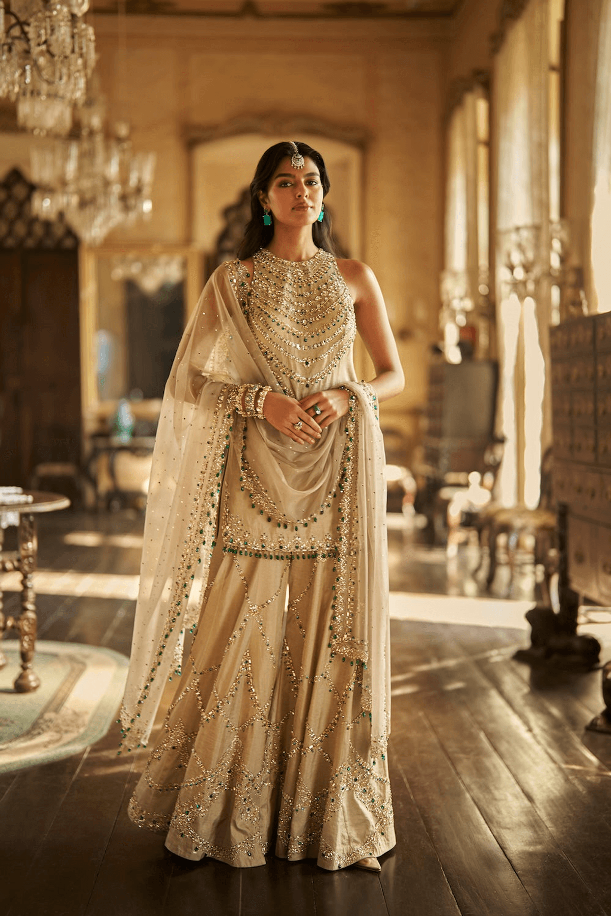 Champagne Emerald Crystal Sharara Set - View 2 - Superr*