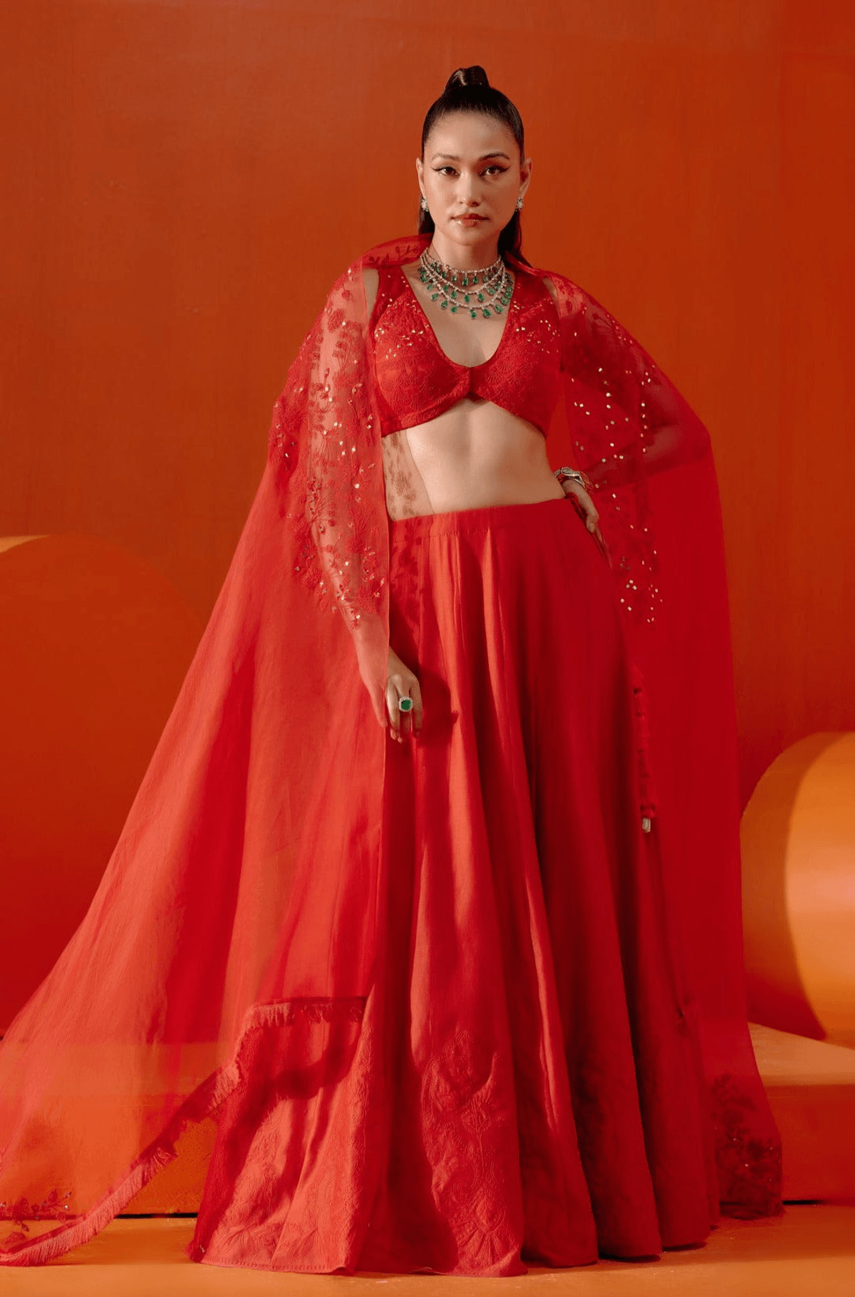 Aamna Sharif in Red Embroidered Silk Chanderi Lehenga Set - View 2 - Superr*