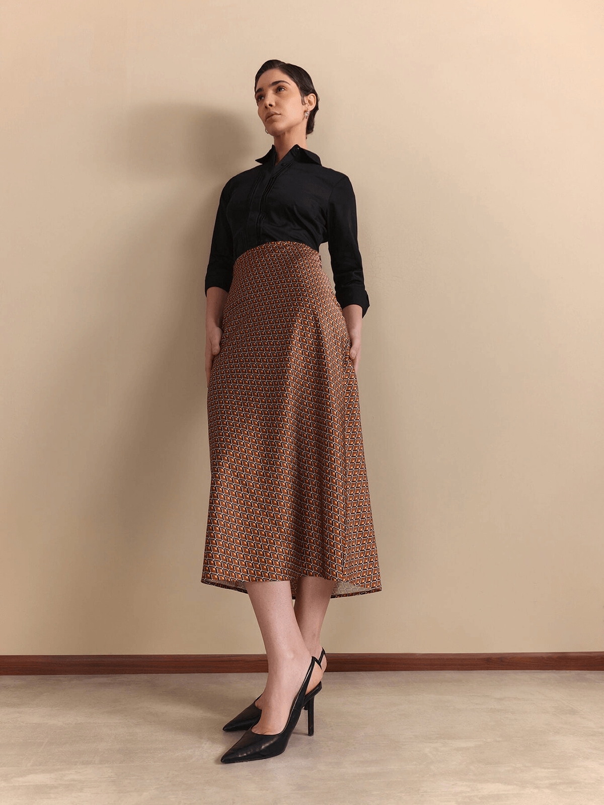 Satin Retro Print Midi Skirt - Rust - View 2 - Superr*