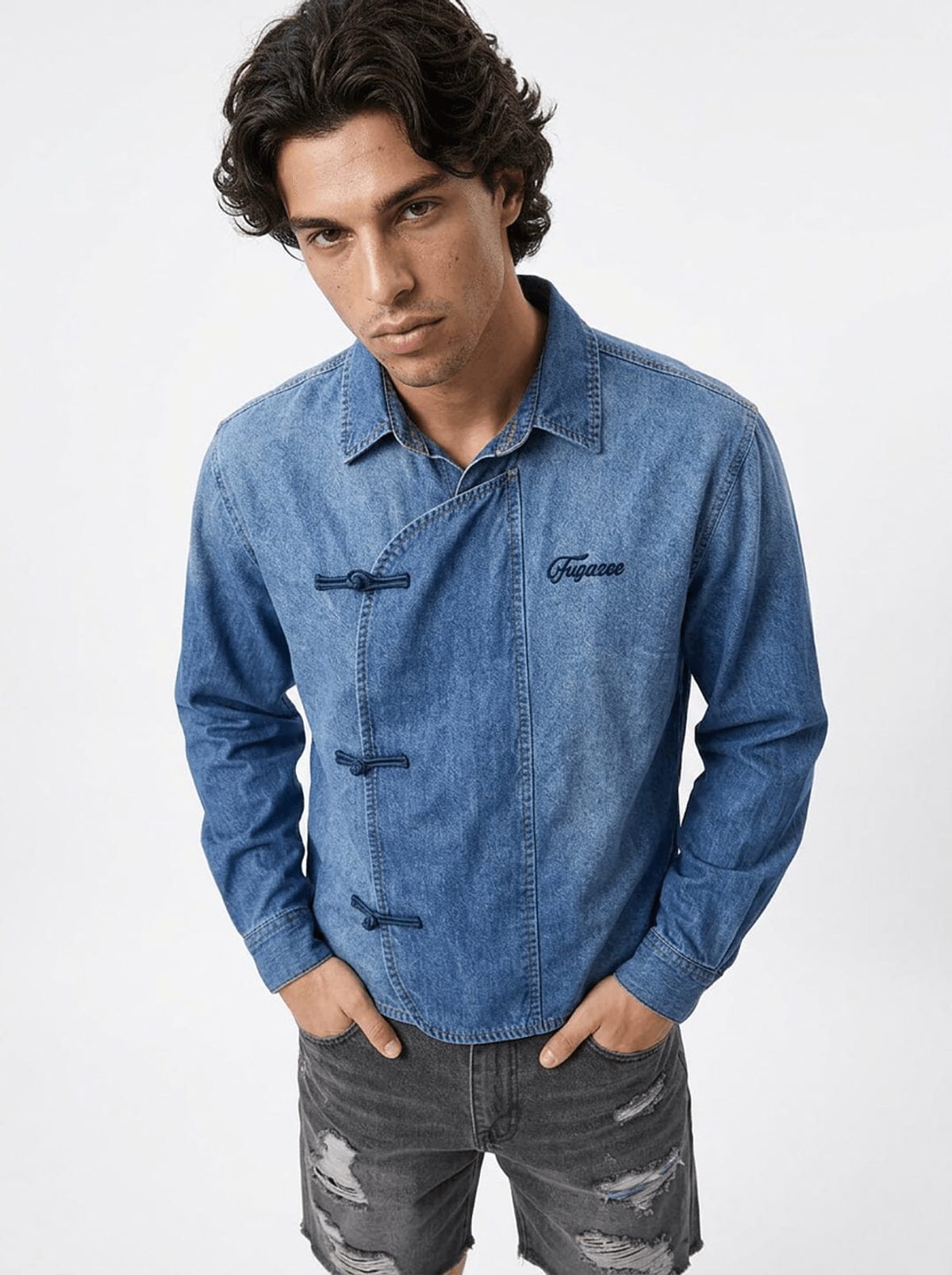 Denim Chinese Frog Buttoned Cropped Denim Shirt - View 2 - Superr*