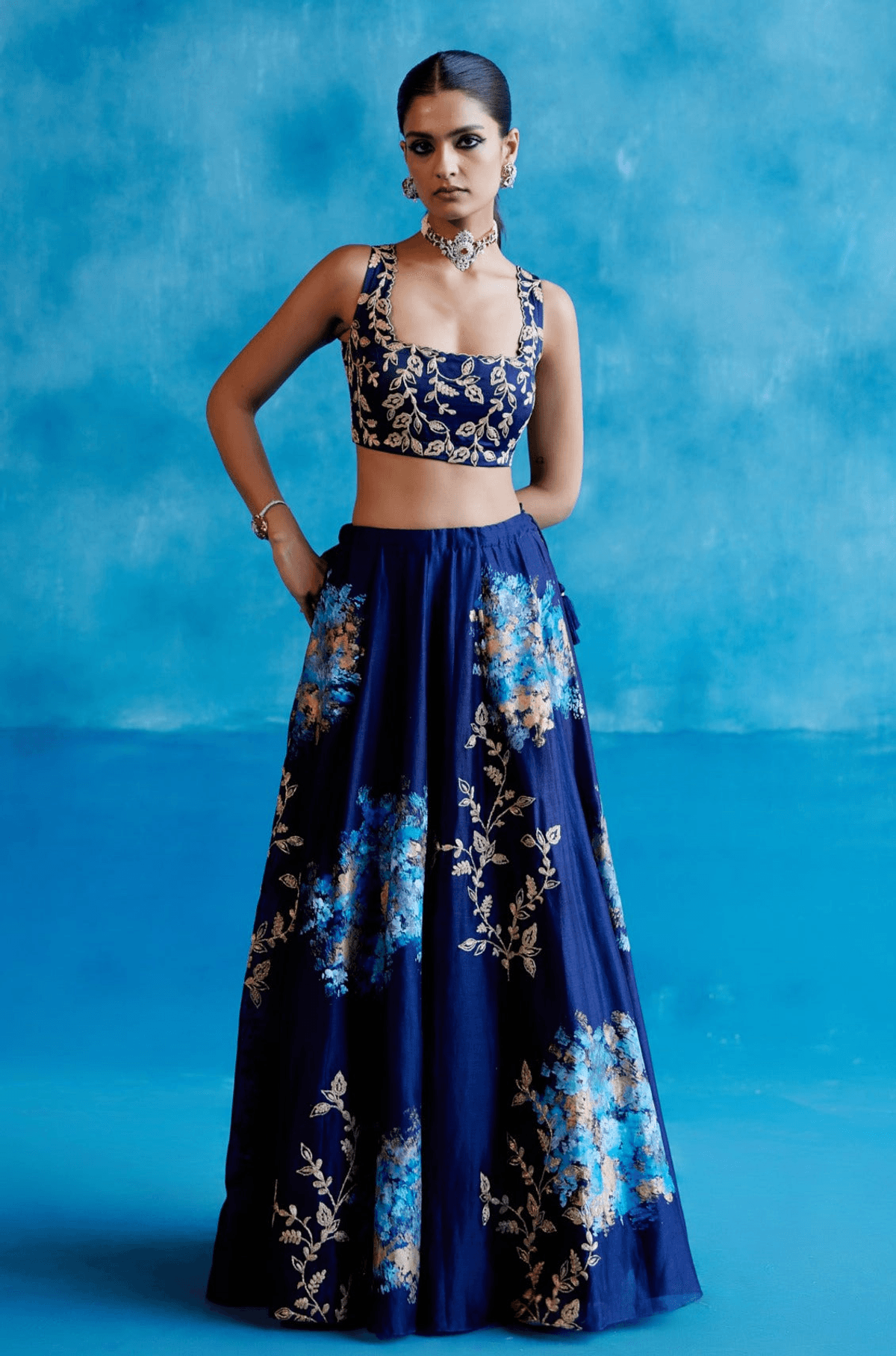 Navy Silk Chanderi Hand Painted Lehenga Set - View 4 - Superr*