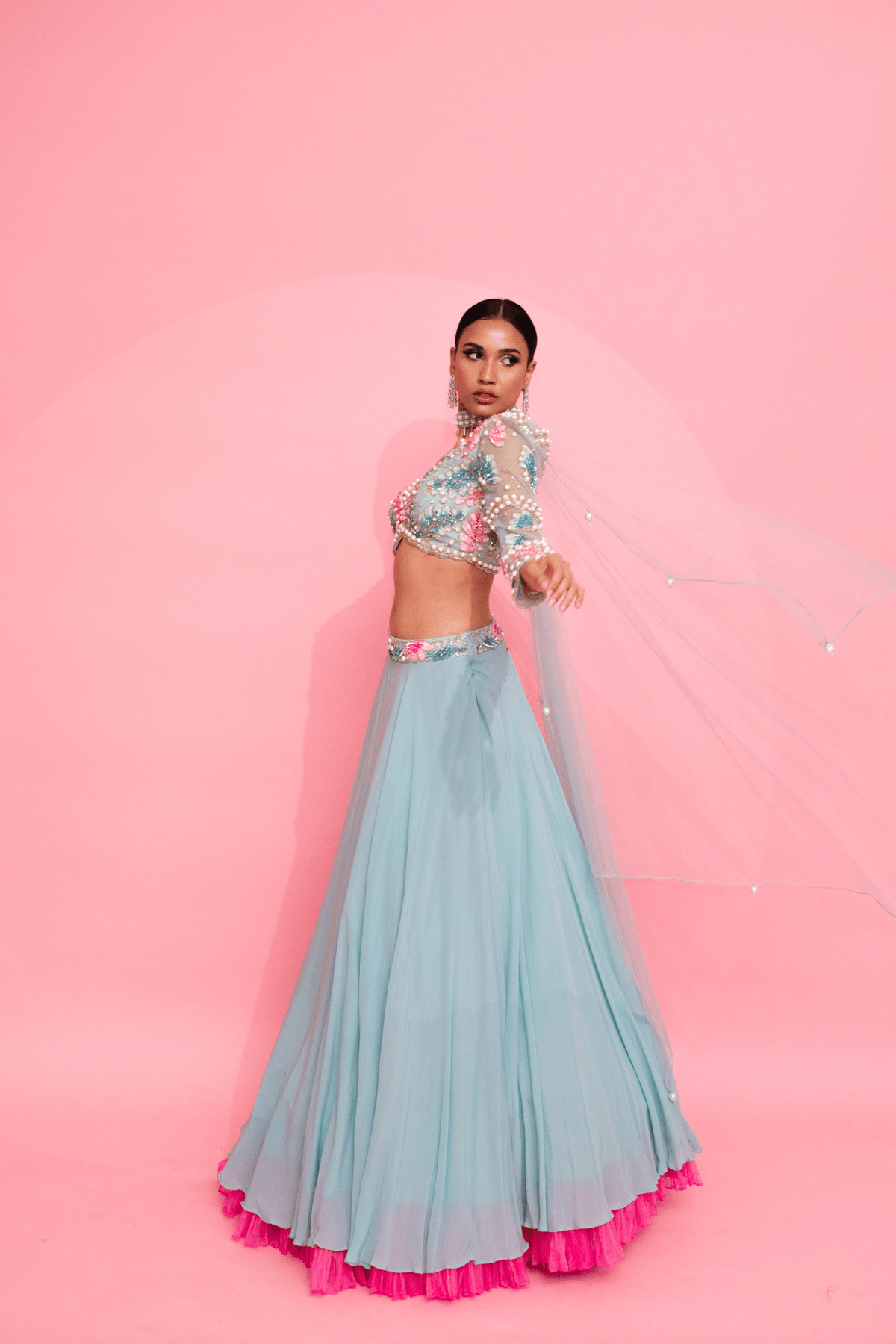 Blue Blossom Brilliance: Embroidered Blouse, Belted Lehenga, and Net Dupatta - View 4 - Superr*