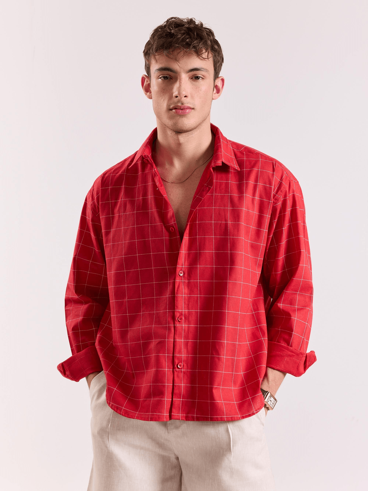 Red Checkered Linen Cropped Shirt - View 2 - Superr*