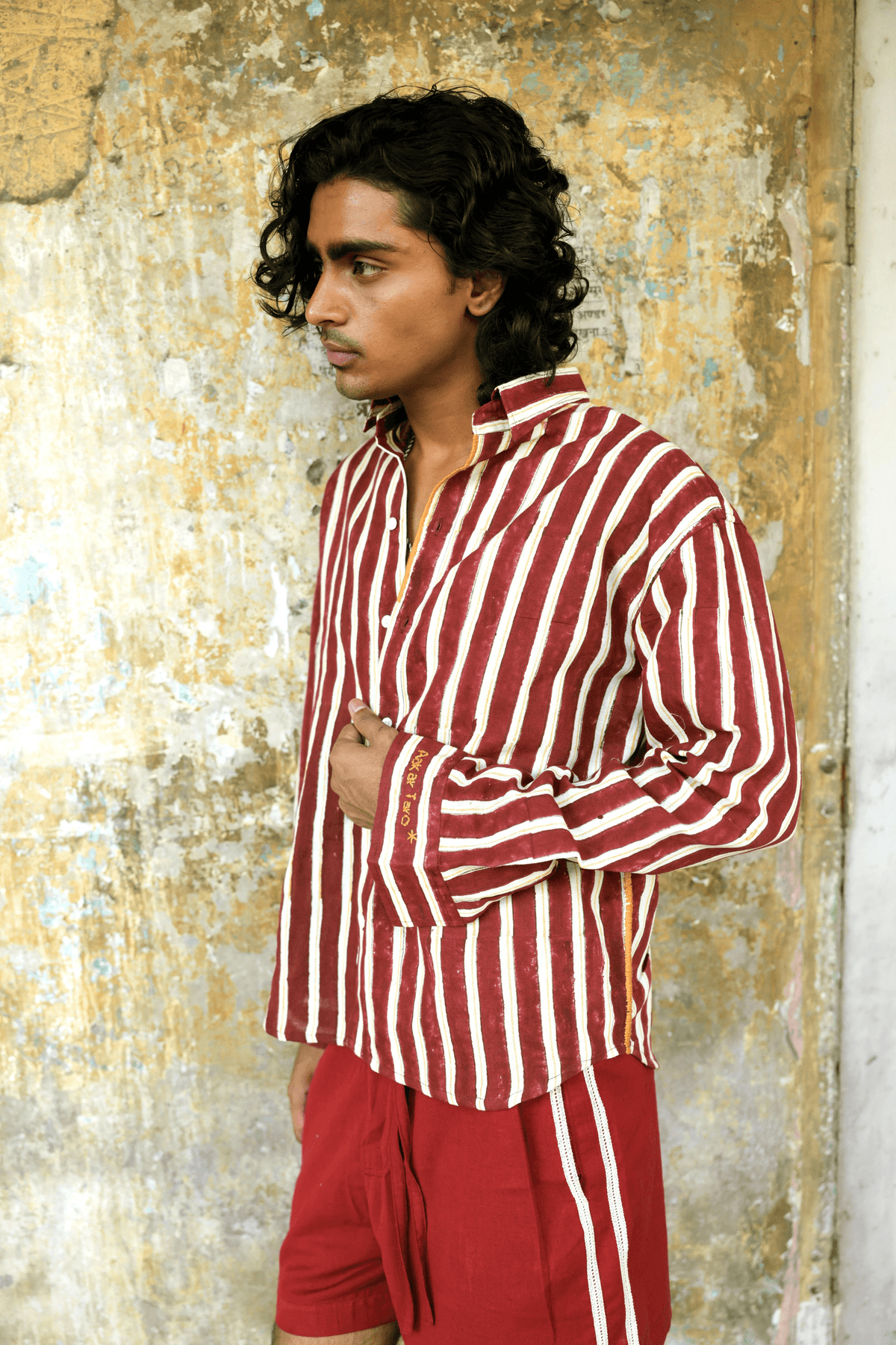 Maroon Hand-Blocked Stripe Linen Shirt - View 3 - Superr*