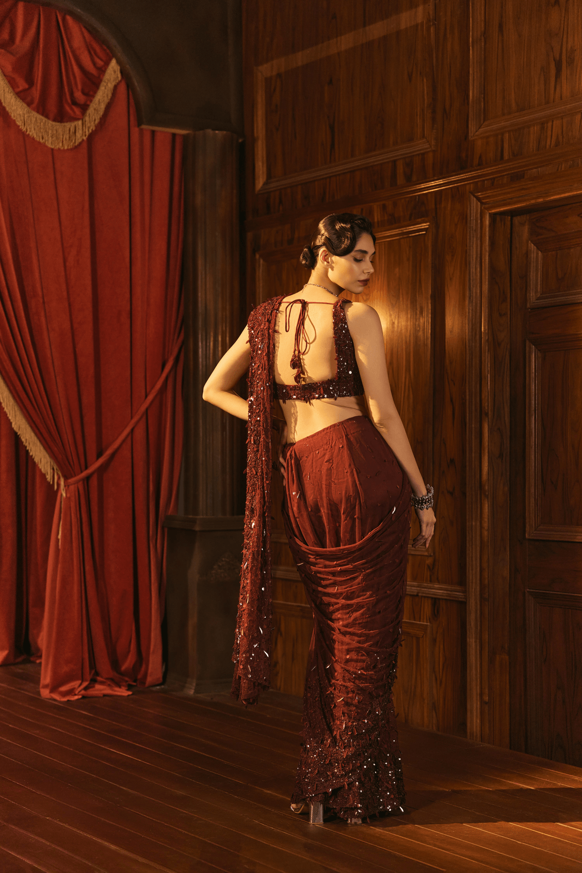Burgundy glow- Sequin saree - View 2 - Superr*
