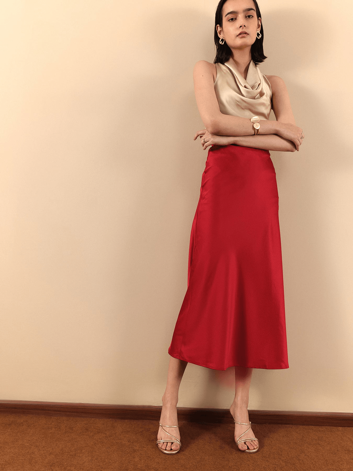 Satin A-Line Midi Skirt - Red - View 4 - Superr*