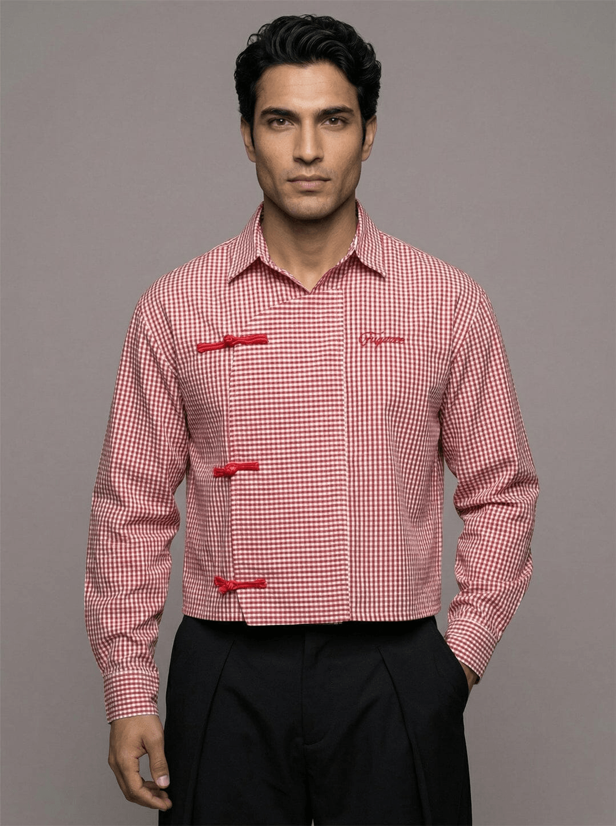Red Checkered Chinese Frog Buttoned Cropped Shirt - View 2 - Superr*