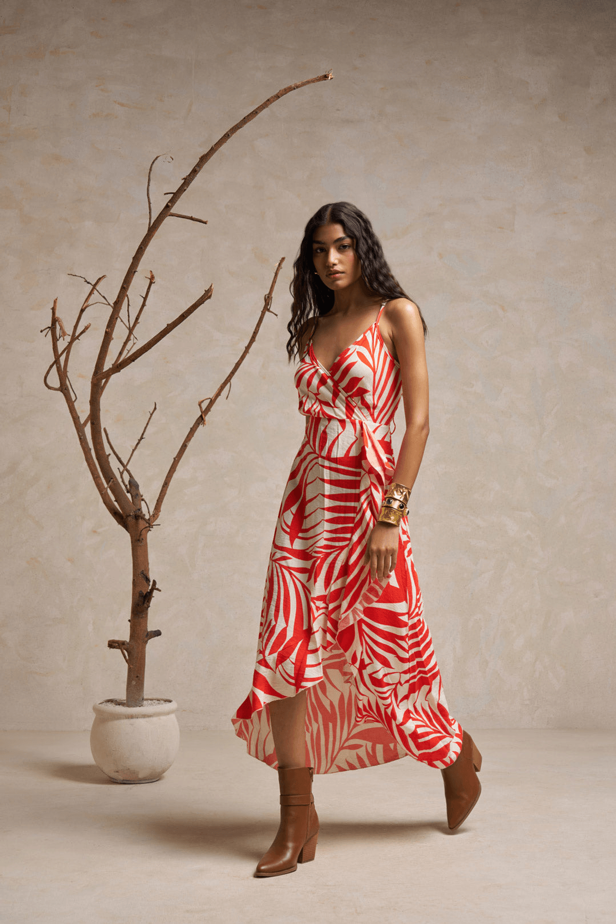 Spaghetti Strap Midi Dress – Orange & Cream with Front Cut & Extended Back - View 2 - Superr*