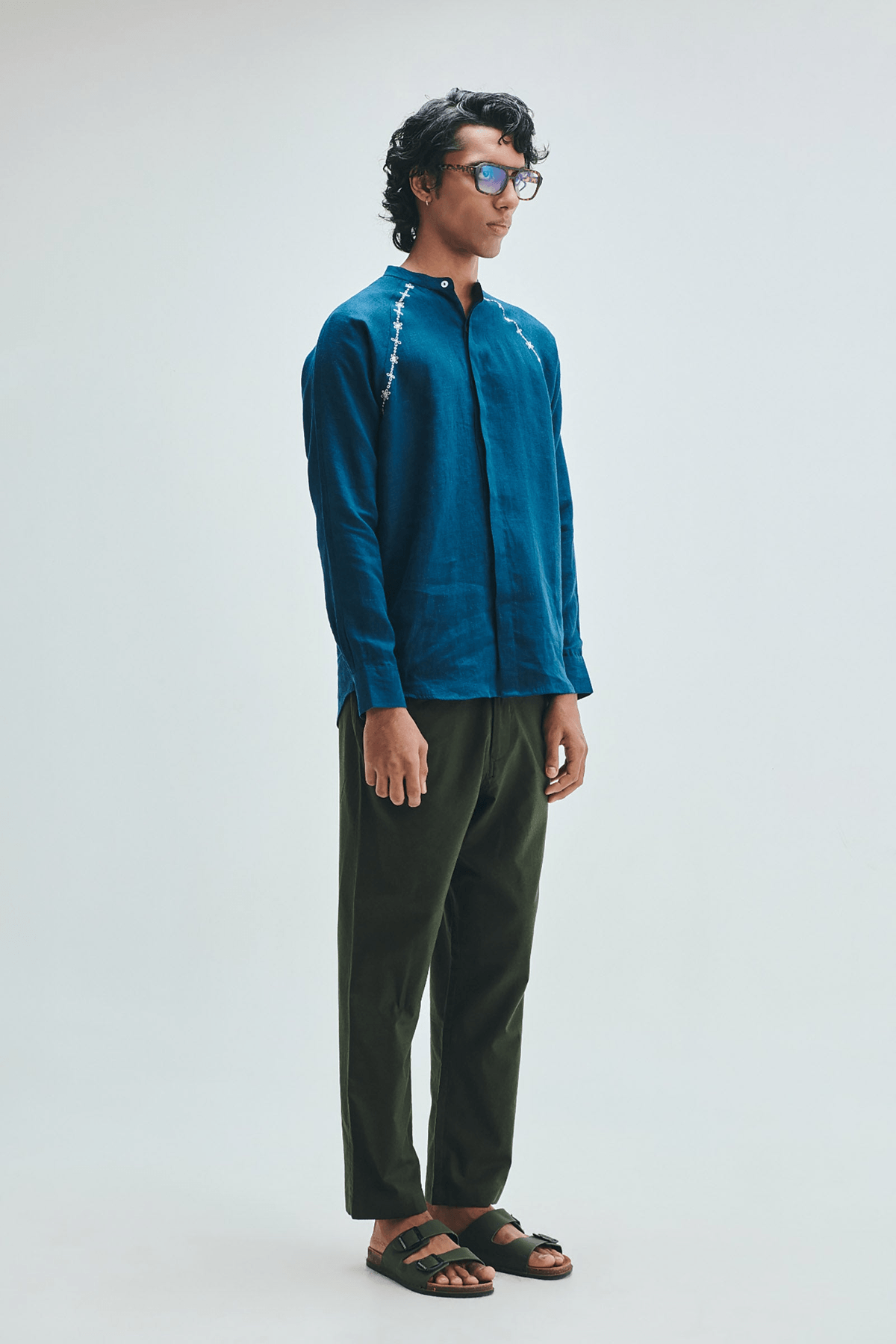 Indigo Linen Embroidered Men's Raglan Shirt - View 3 - Superr*