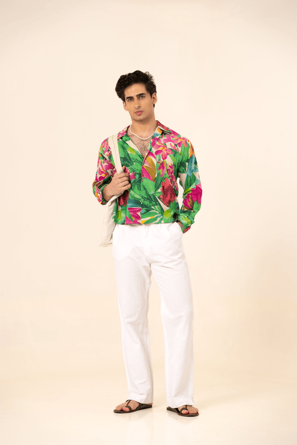 Firangi Yarn Cotton Crop Shirt with Cuban Collar - Beach Botanicals - View 2 - Superr*