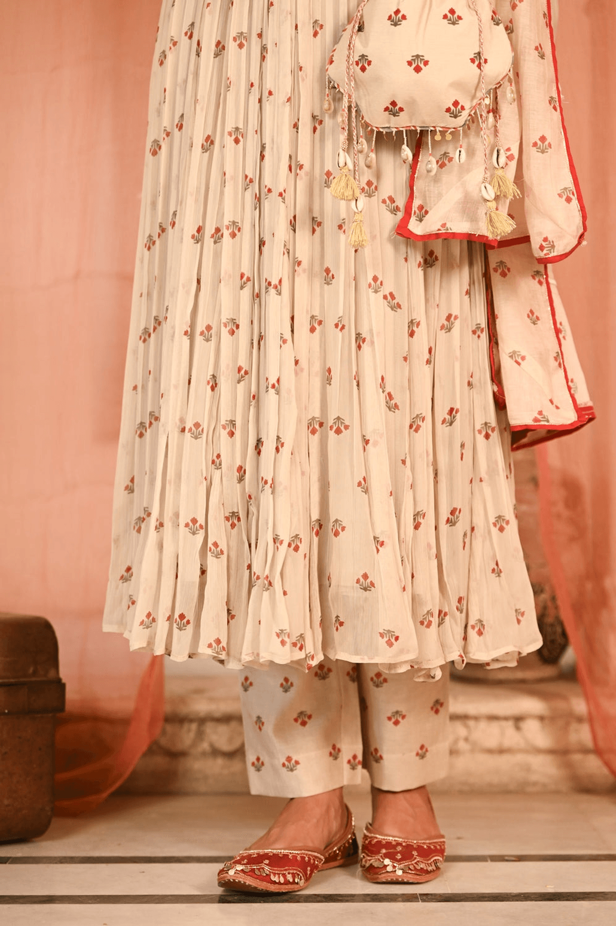 Beige, Red Chiffon Gulal Anarkali Set - View 4 - Superr*