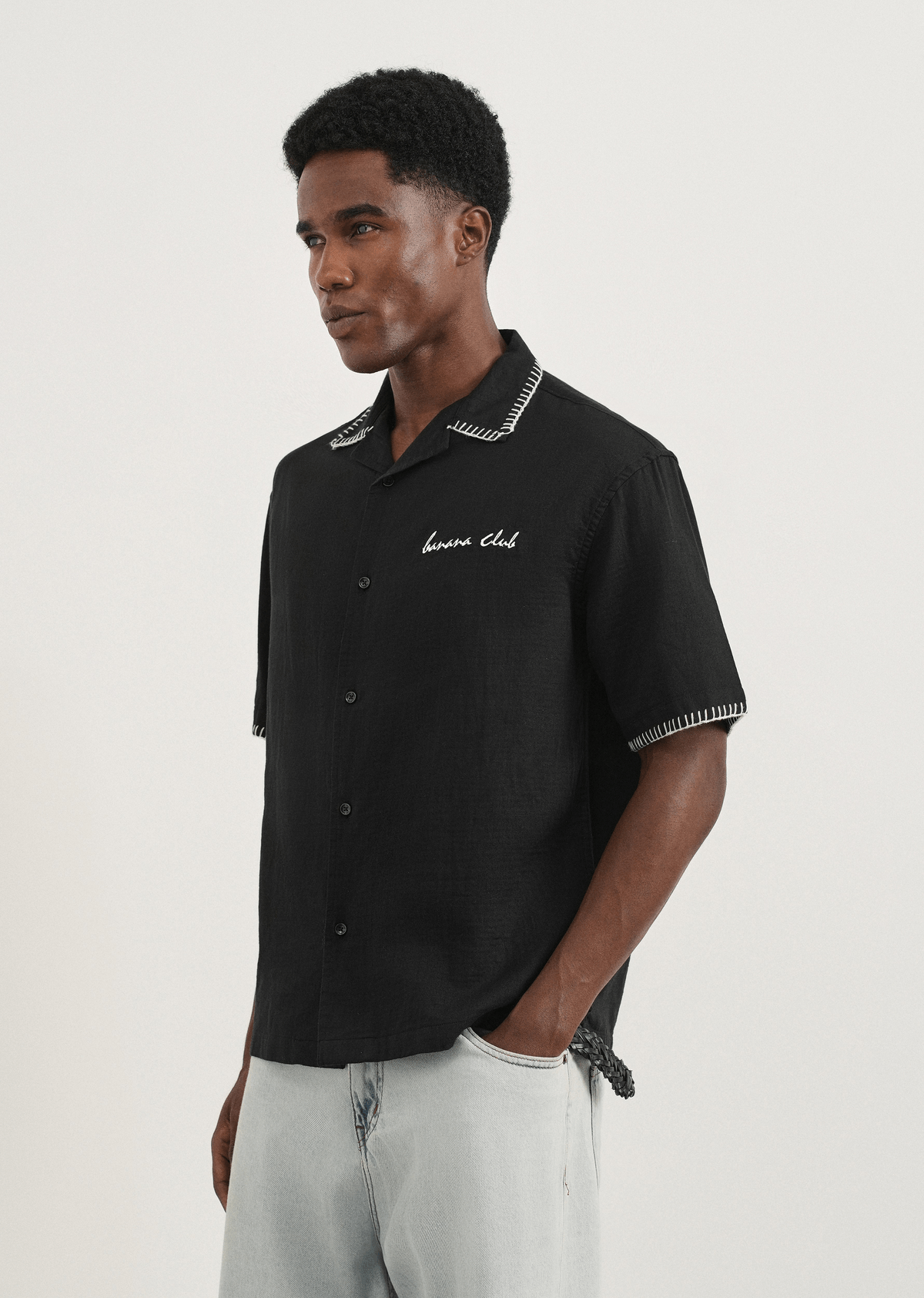 Black Contrast Embroidered Cotton Shirt - View 4 - Superr*