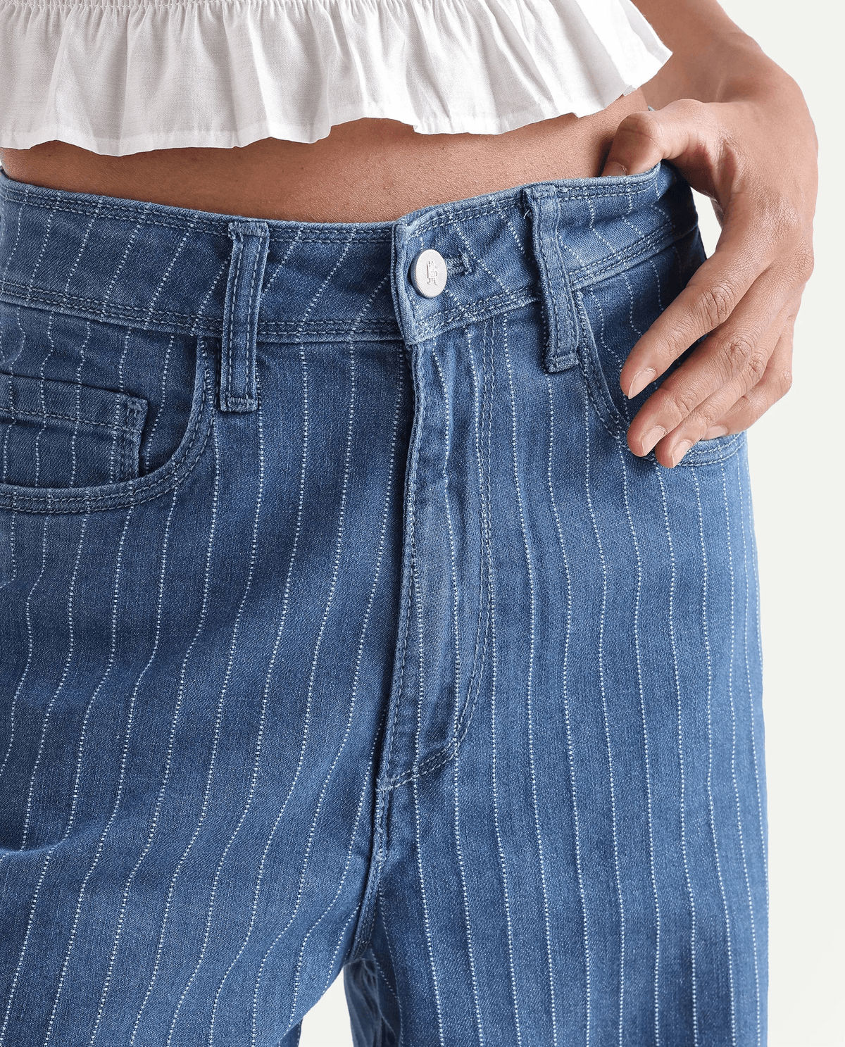 Rareism Women's Minik Blue Cotton Blend Striped Ankle Length Wide Jeans - View 4 - Superr*