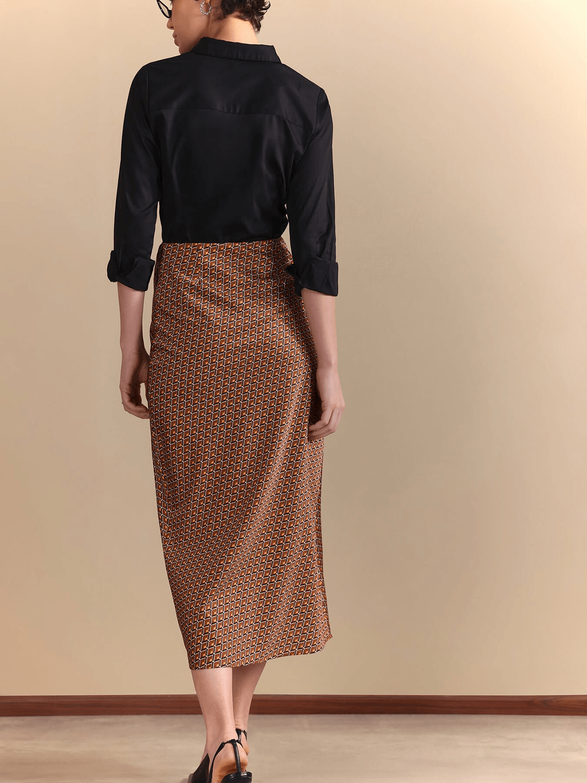 Satin Retro Print Midi Skirt - Rust - View 3 - Superr*