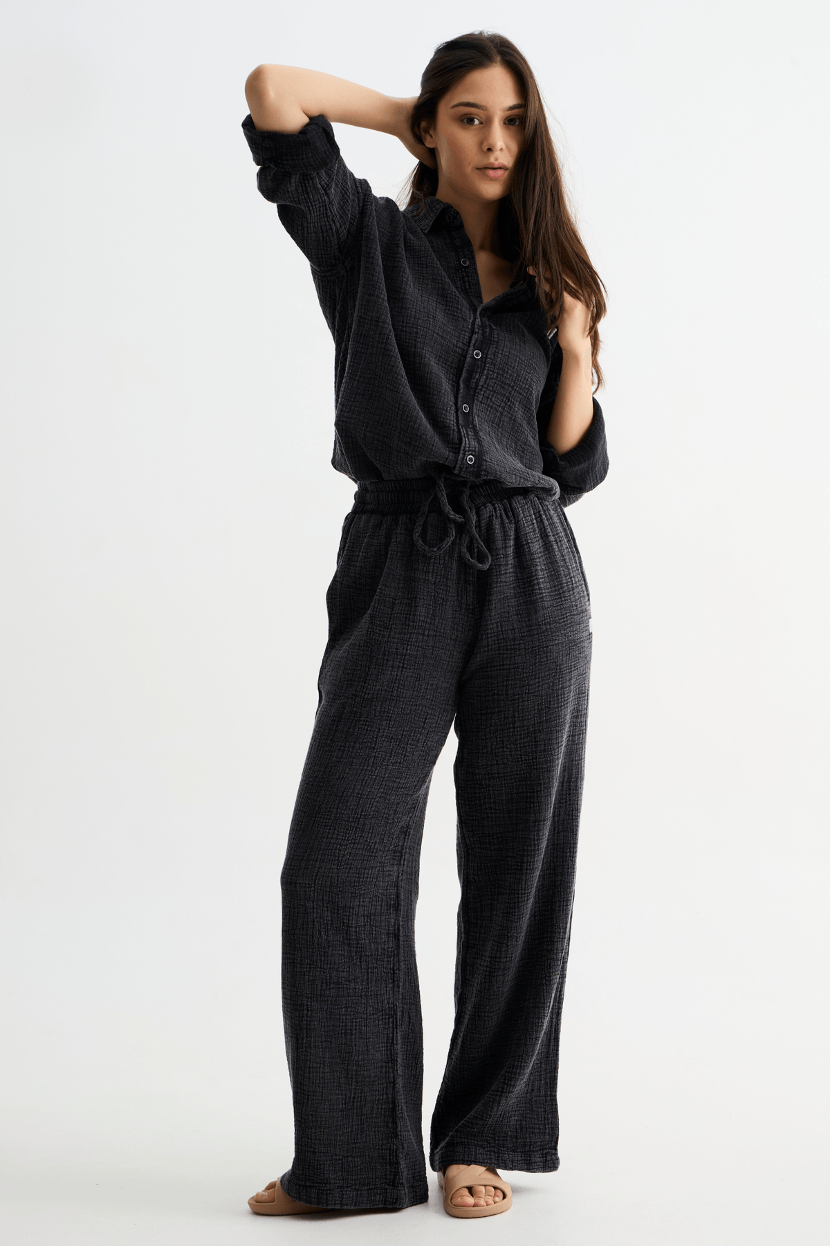 Black Washed Cotton Gauze Pant - View 2 - Superr*