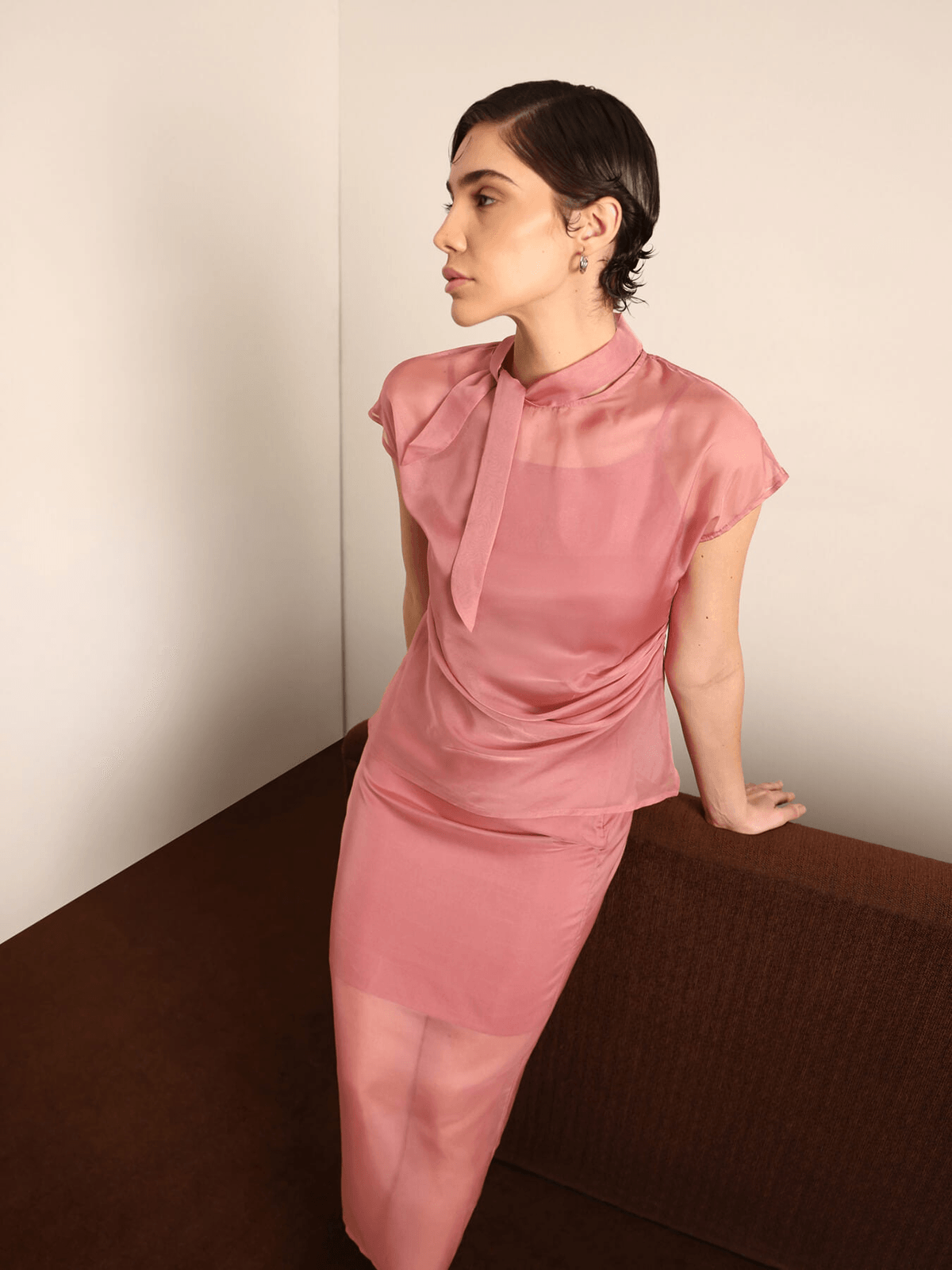 Organza Top & Midi Skirt Coord - Dusky Pink - View 2 - Superr*