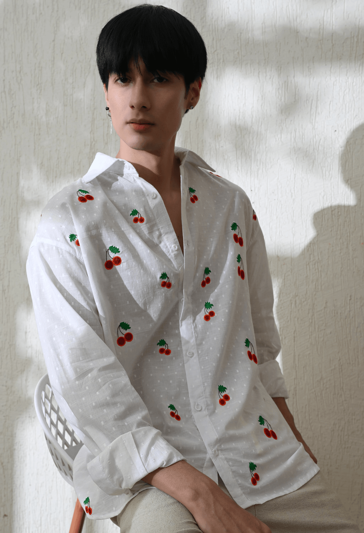 Men White Cherry Pop Embroidered Shirt - View 3 - Superr*