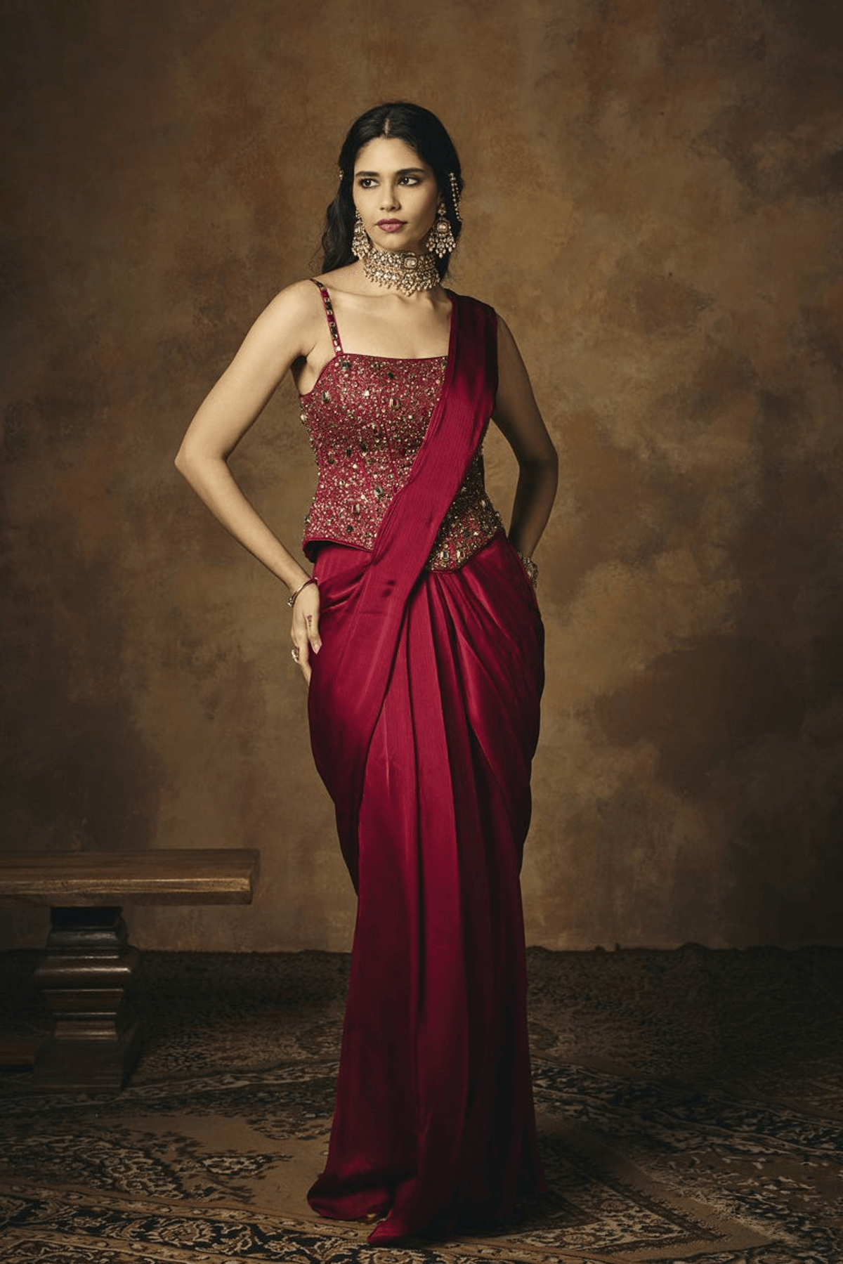 Lohita Burgundy Pre Draped Embroidered Corset Saree Set - View 3 - Superr*
