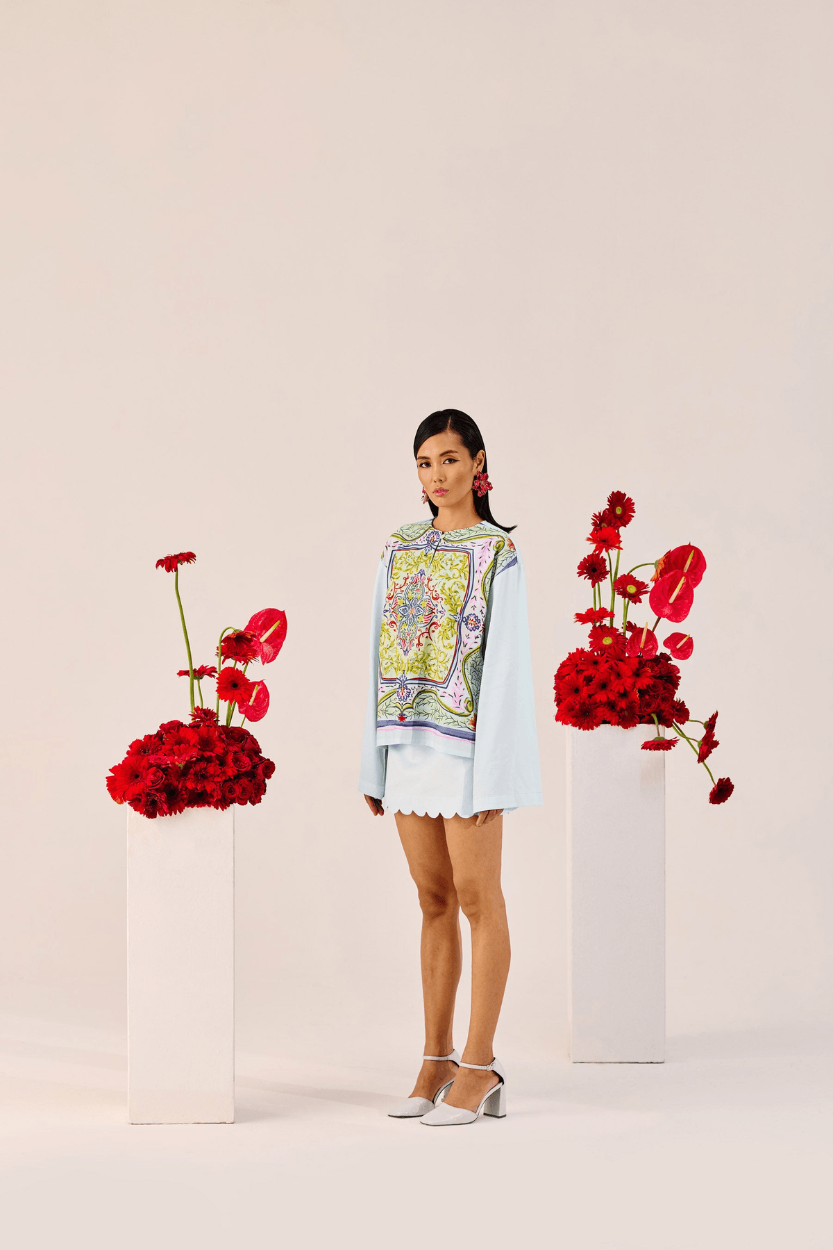 Printed Sky Blue Top with Flared Sleeves - View 3 - Superr*